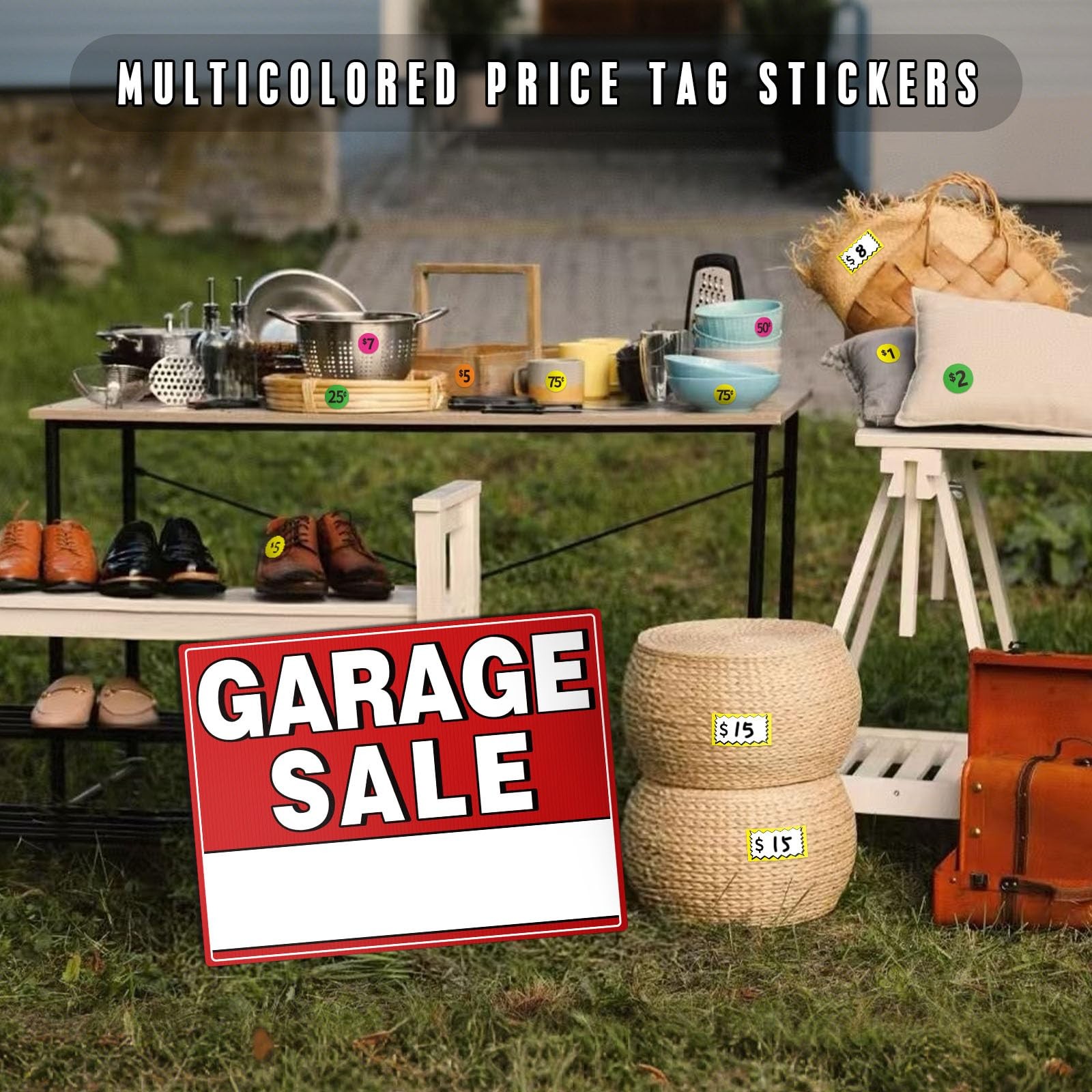 Garage Sale Kit Signs Stakes Price Stickers Directional Arrows Weatherproof