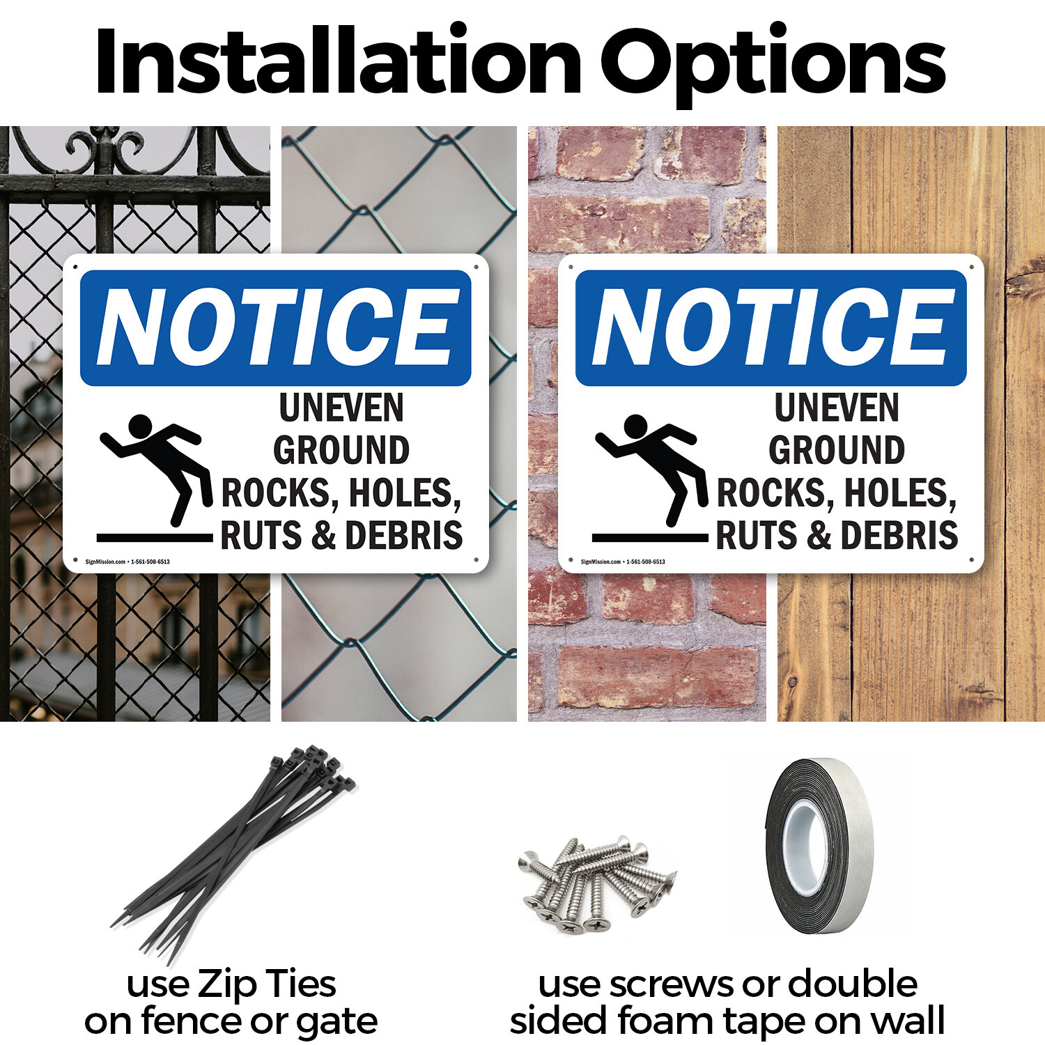 (2 Pack) Uneven Ground Rocks Holes OSHA Notice Sign Decal Metal Plastic