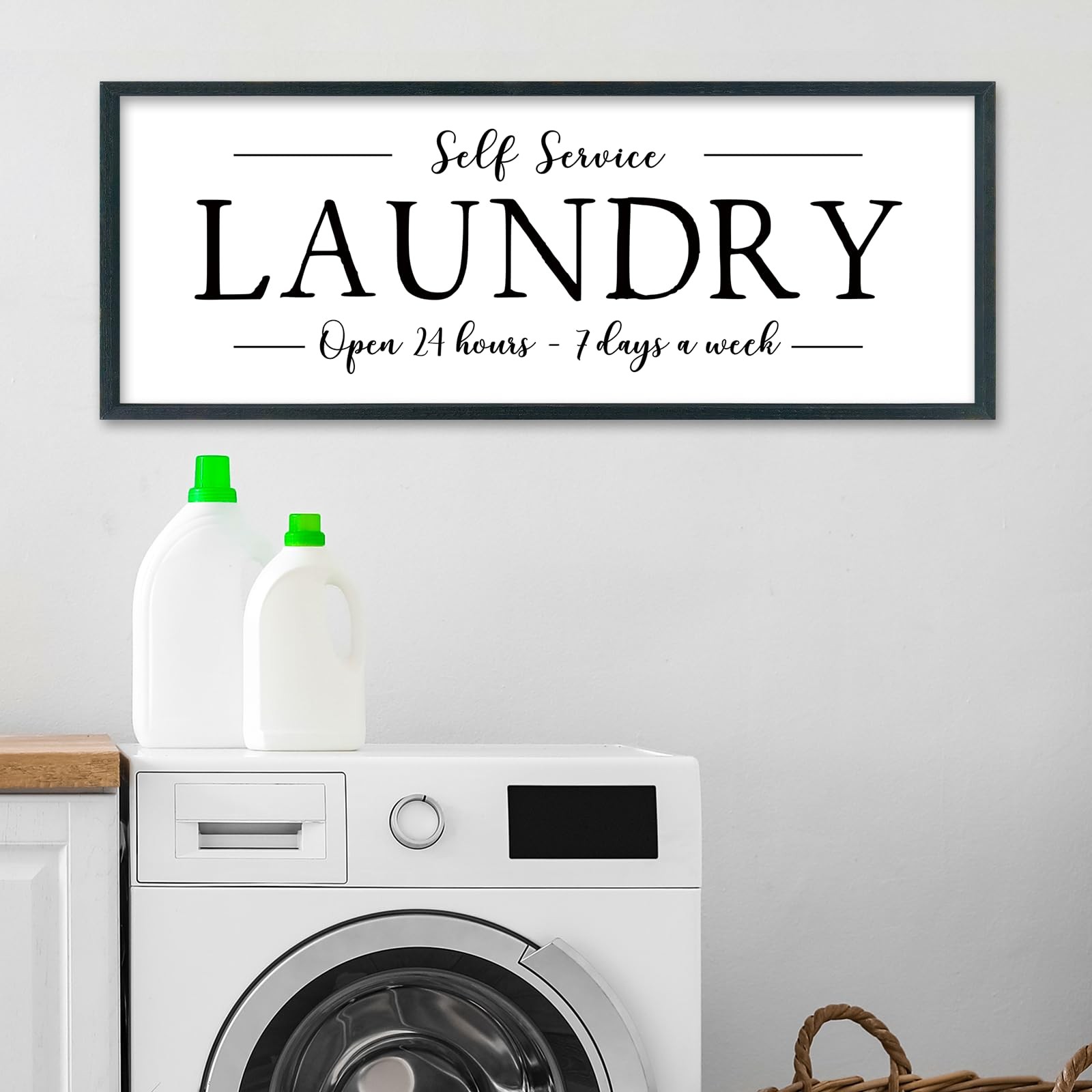 Framed Laundry Room Sign, 32 x 12 Inch Self Service Open 24 Hours Farmhouse W…