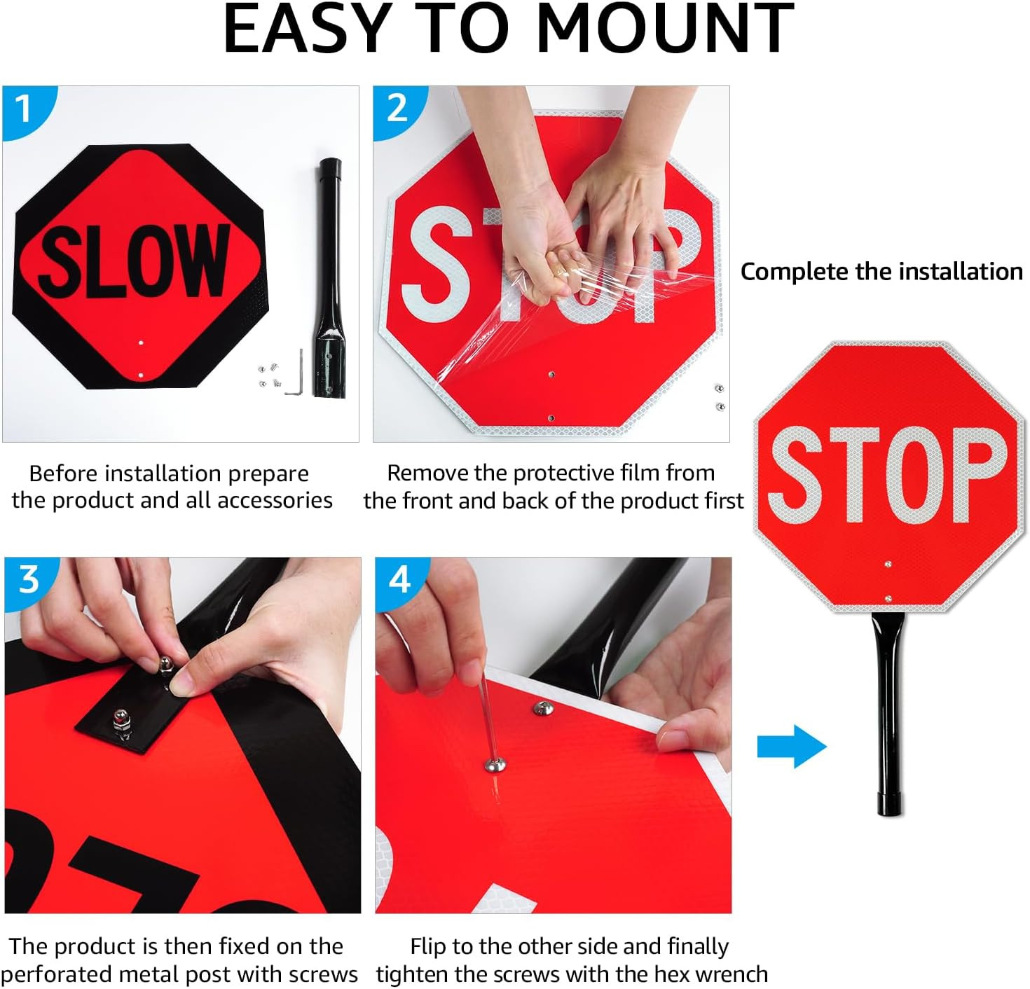 Stop Slow Sign with Metal Handle, 13×13 inches Double Sided Slow/Stop sign, T…