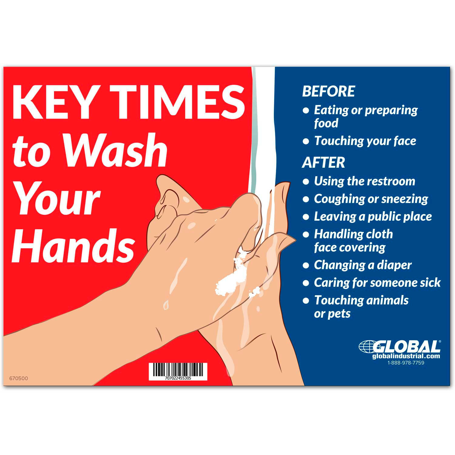 Global Industrial Key Times to Wash Your Hands Sign 14&Prime;W x 10&Prime;H Wall Adhesive