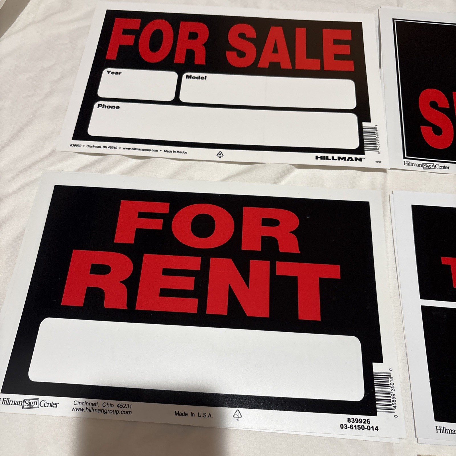 Hillman 8&Prime; x 12” Plastic Signs Various Models New LOT OF 12 SEE PHOTOS