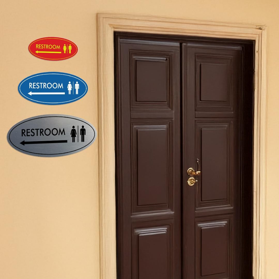 Oval Restroom Left Arrow Sign Large Brushed Gold Wall Mount Bathroom Plaque