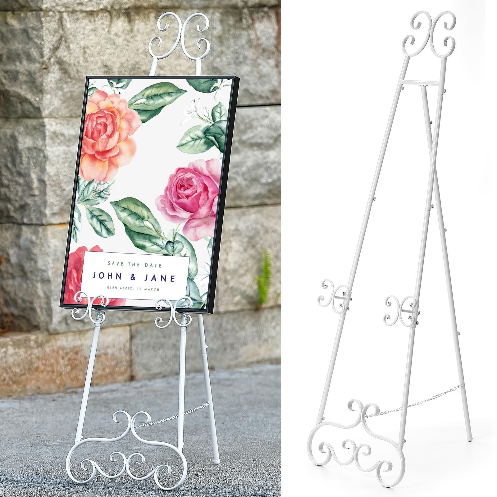 Metal Floor Standing Display Easel, 56&Prime; H White Decorative Scroll Easel Stand…
