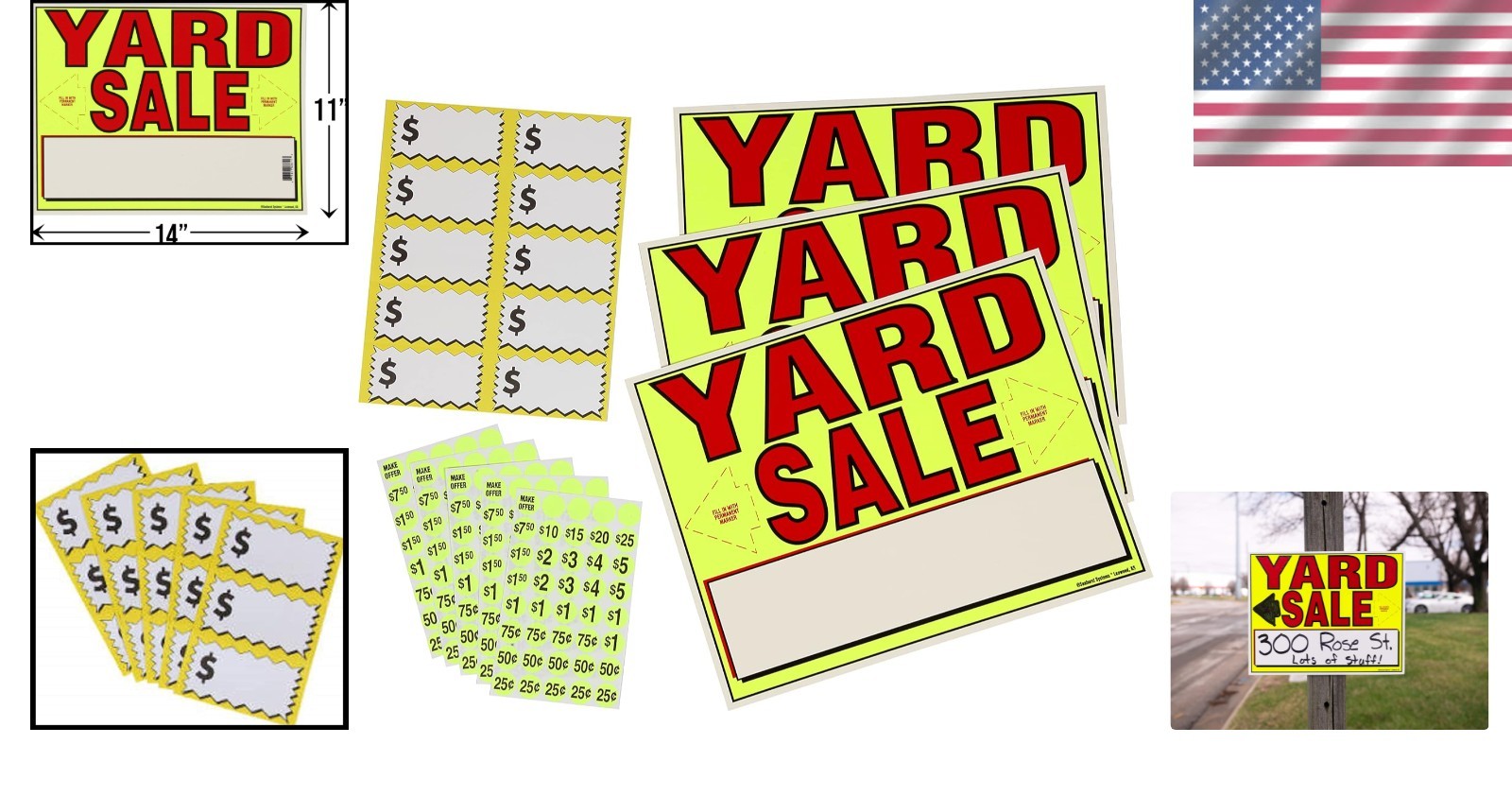 Complete Yard Sale Sign Kit: 3 Bright Neon Signs & 200 Pricing Stickers Included