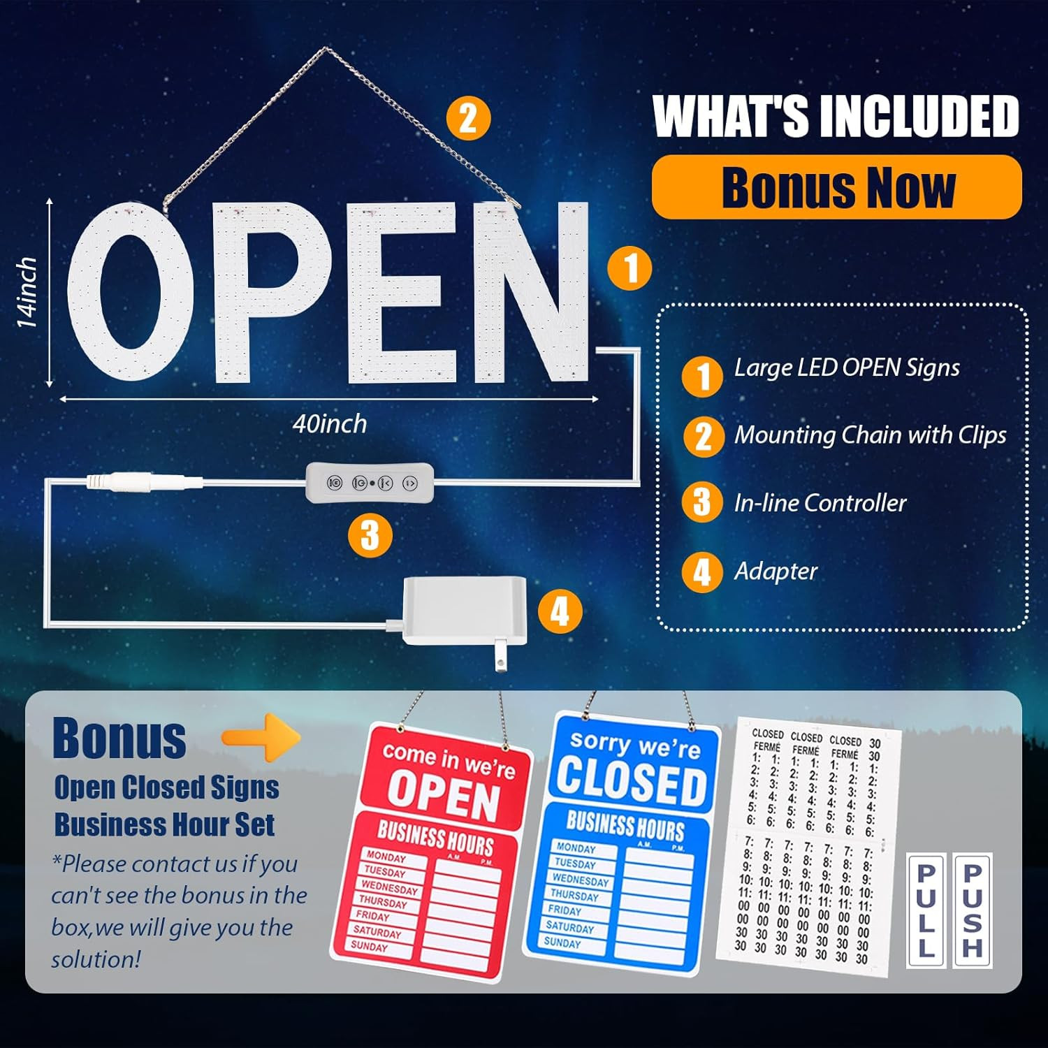Open Sign for Business, 40&Prime;X14&Prime; Dimmable Large LED Open Signs with Hanging Insta