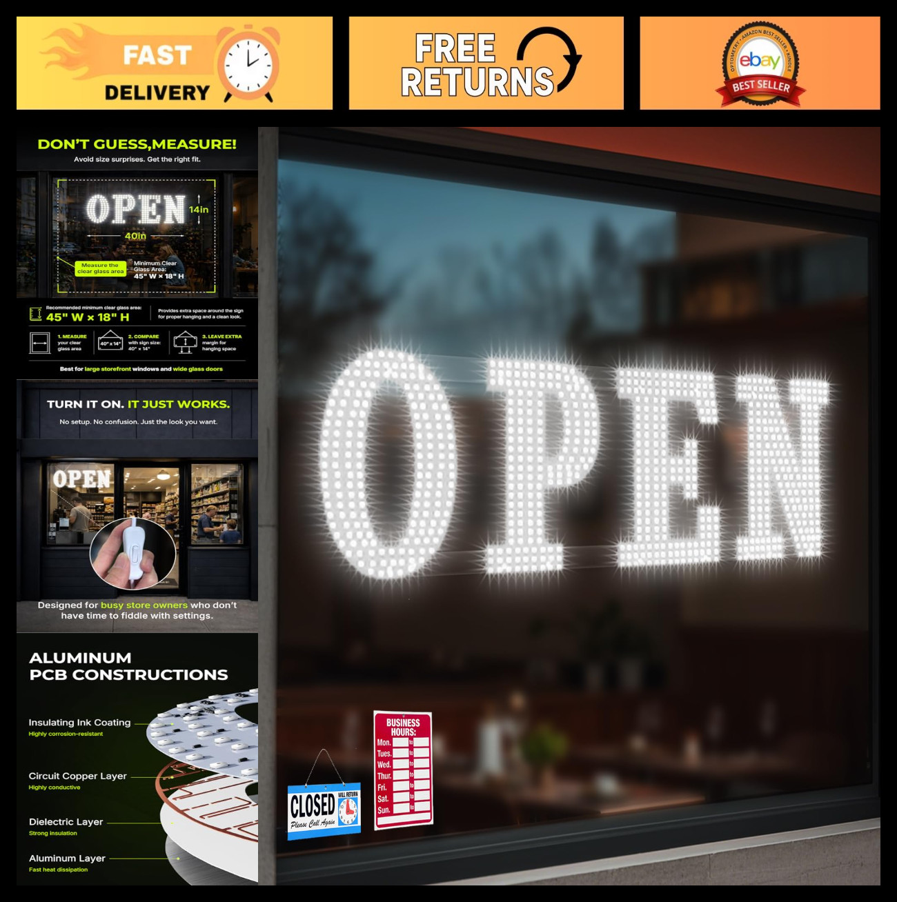 Extra Bright 40&Prime;x14&Prime; LED Open Sign – High Visibility Business Sign for Stores, B