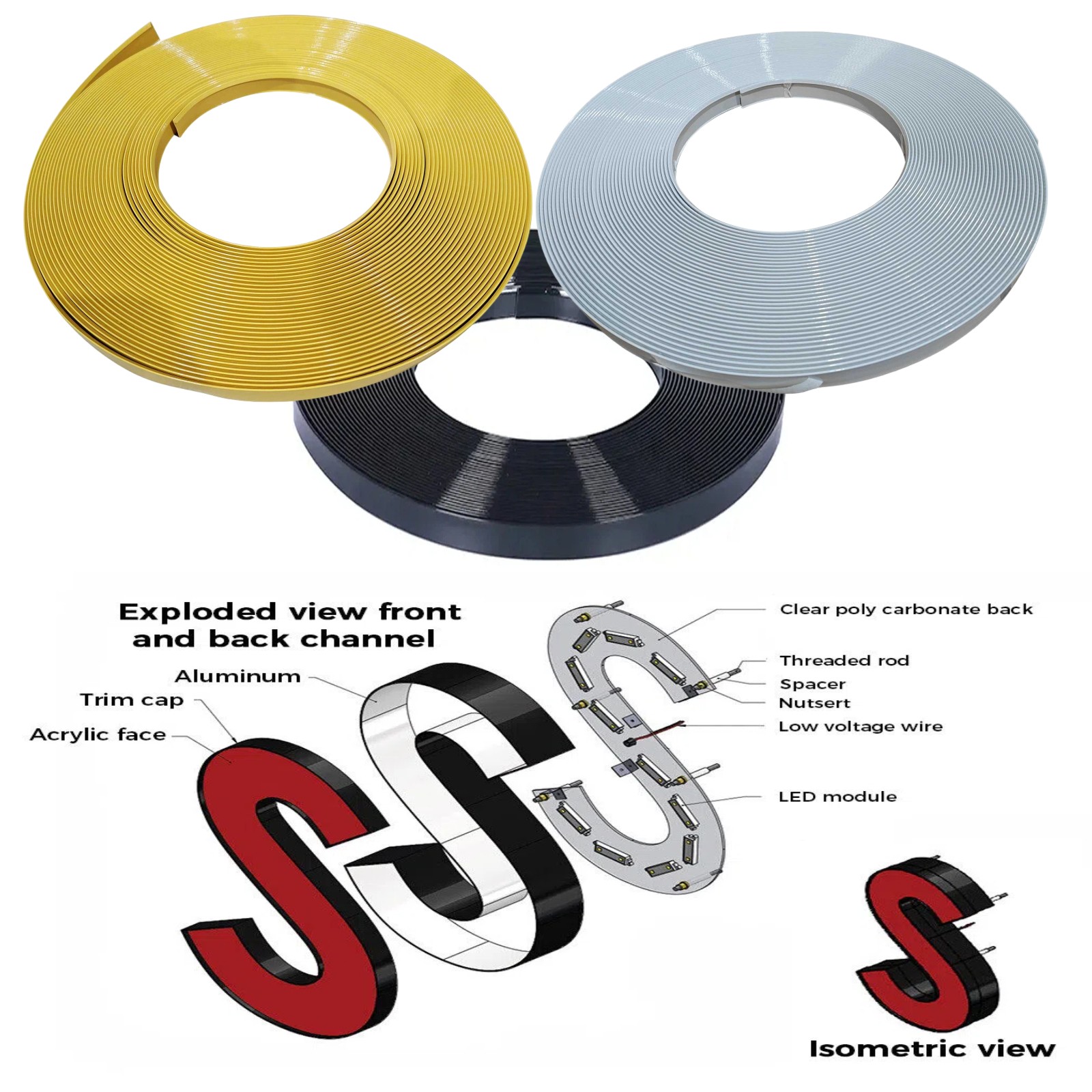 1&Prime; (26mm) x 131ft (40m) Arrow Trim Cap for Channel Letter White Black Red Yellow
