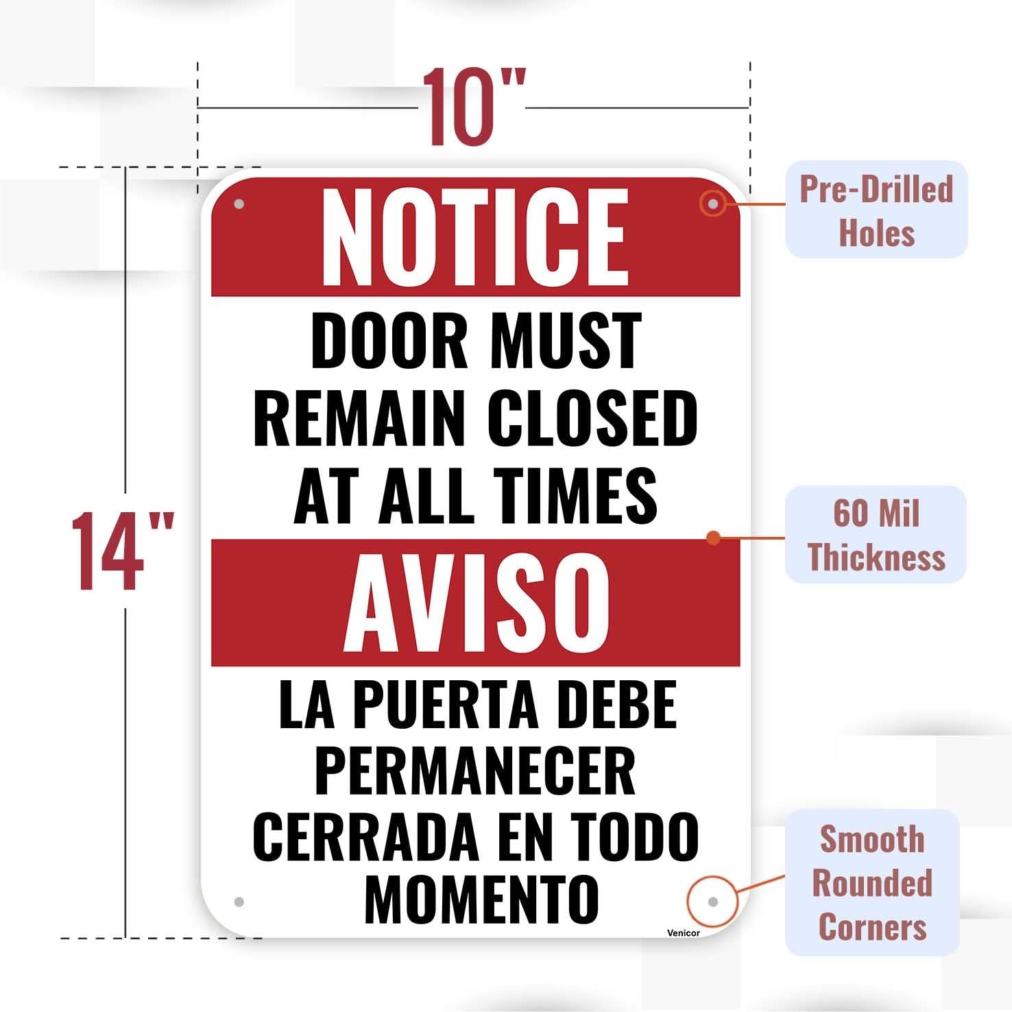 Keep Door Closed At All Times Sign Bilingual 14×10 Inch Aluminum 1 Pack Decor