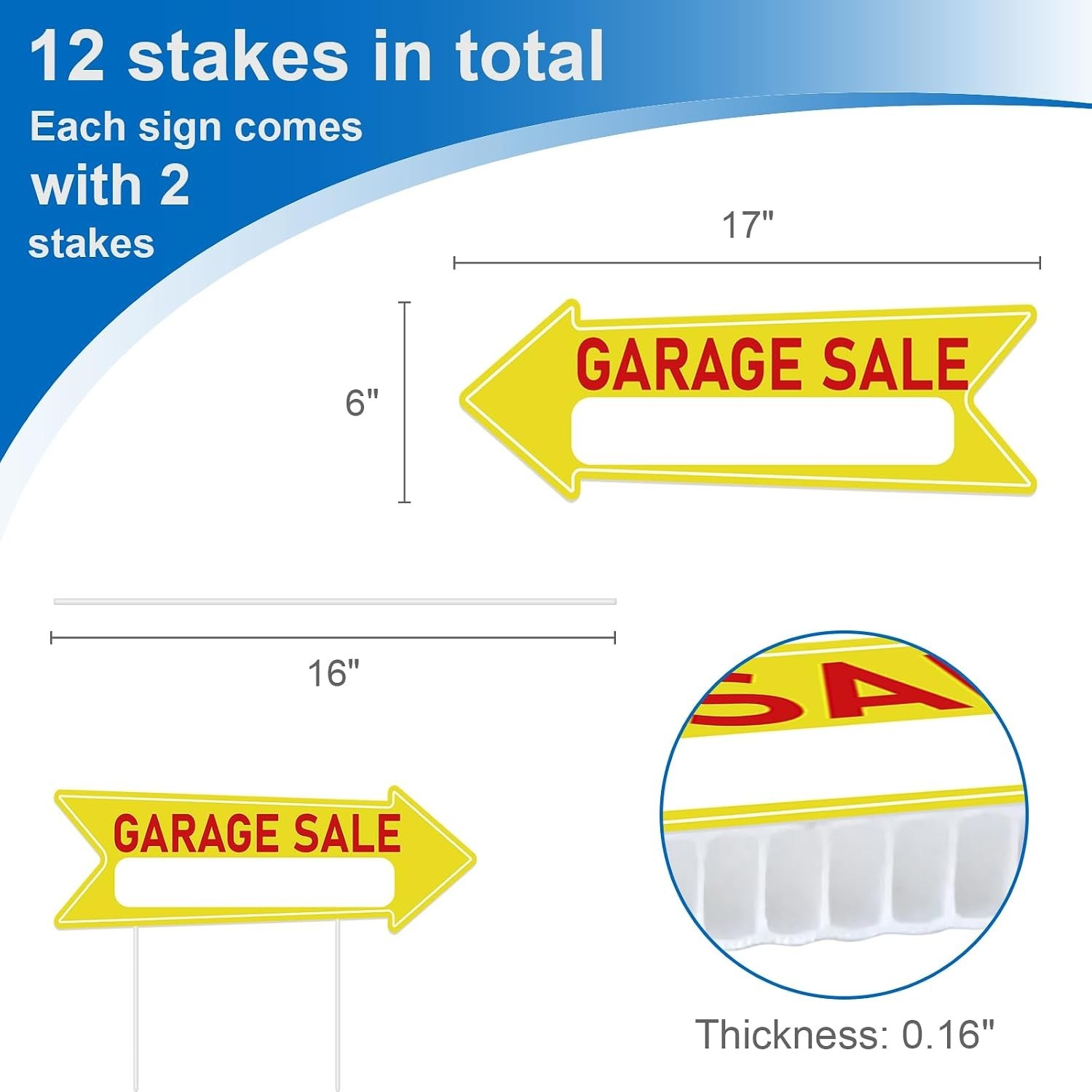 Large 17 x 6 Inch Garage Sale Arrow Signs with 12 Stakes – Instant Attention