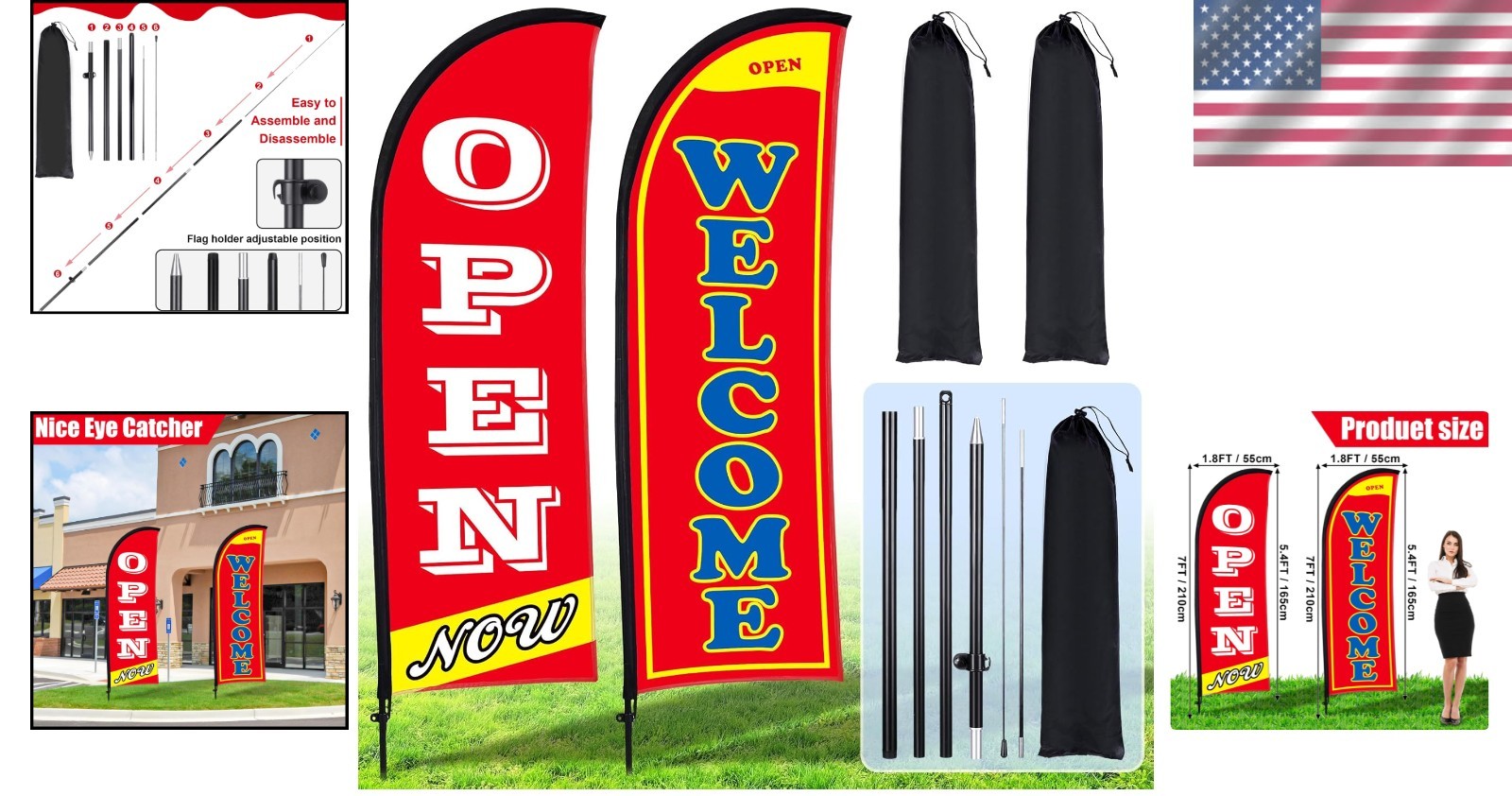 2 Sets of 7ft Open Flags with Kit – Boost Your Business Visibility Today