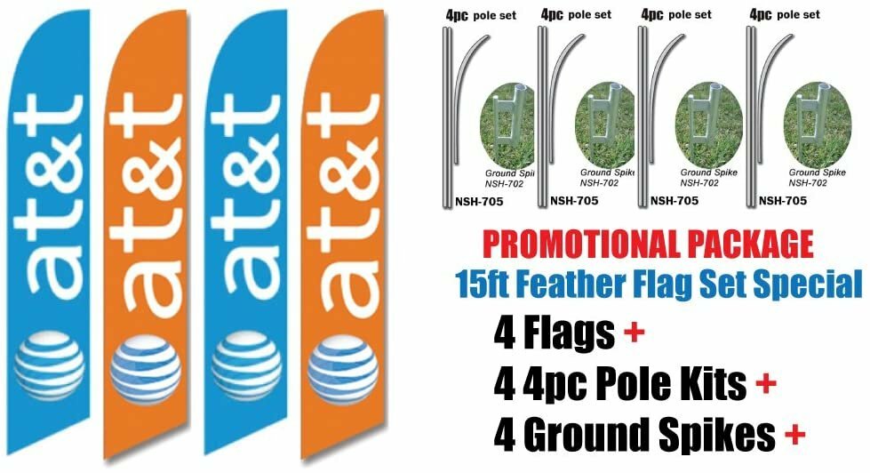 4 Sets of 15ft At&t Swooper Feather Flags – INCLUDES 15FT 4pc POLE KITS…