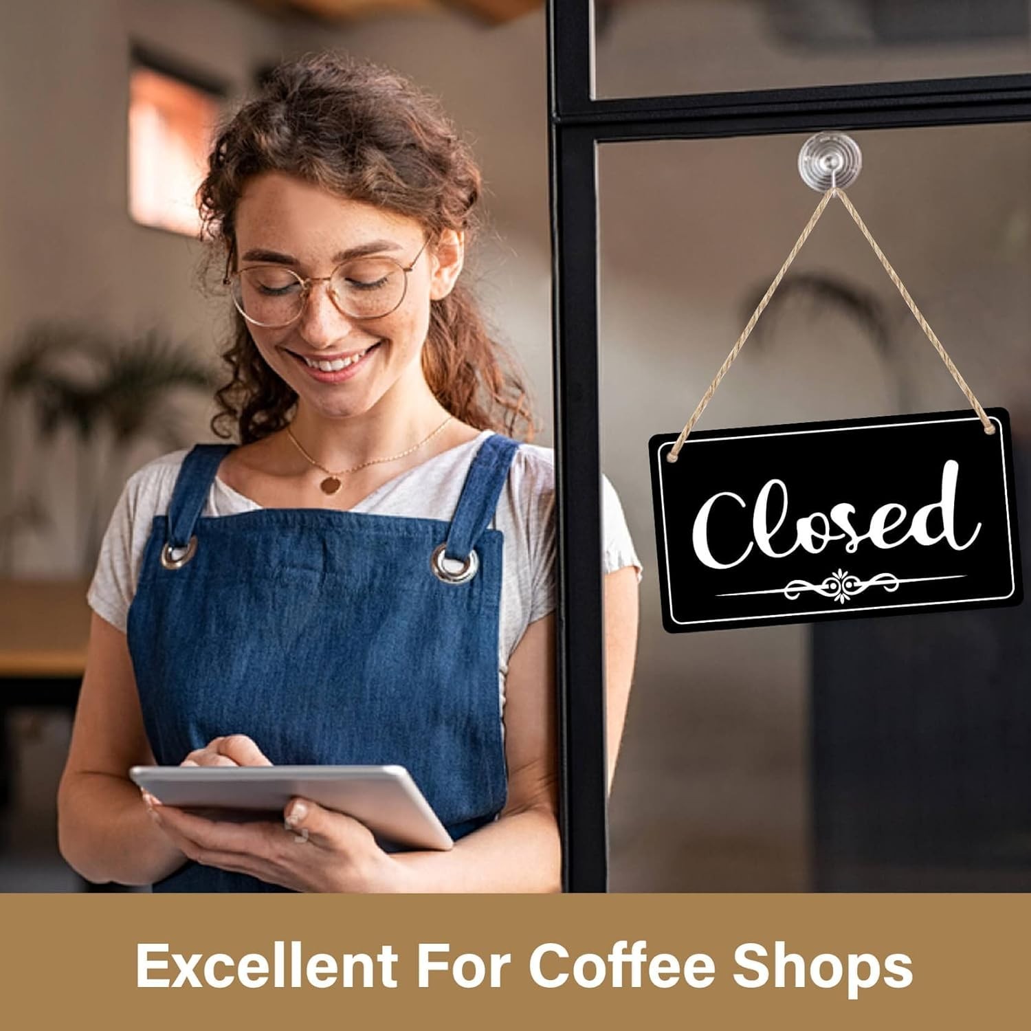 Elegant Double-Sided Open Closed Sign for Business Hours – 11×6.1 Inch Black