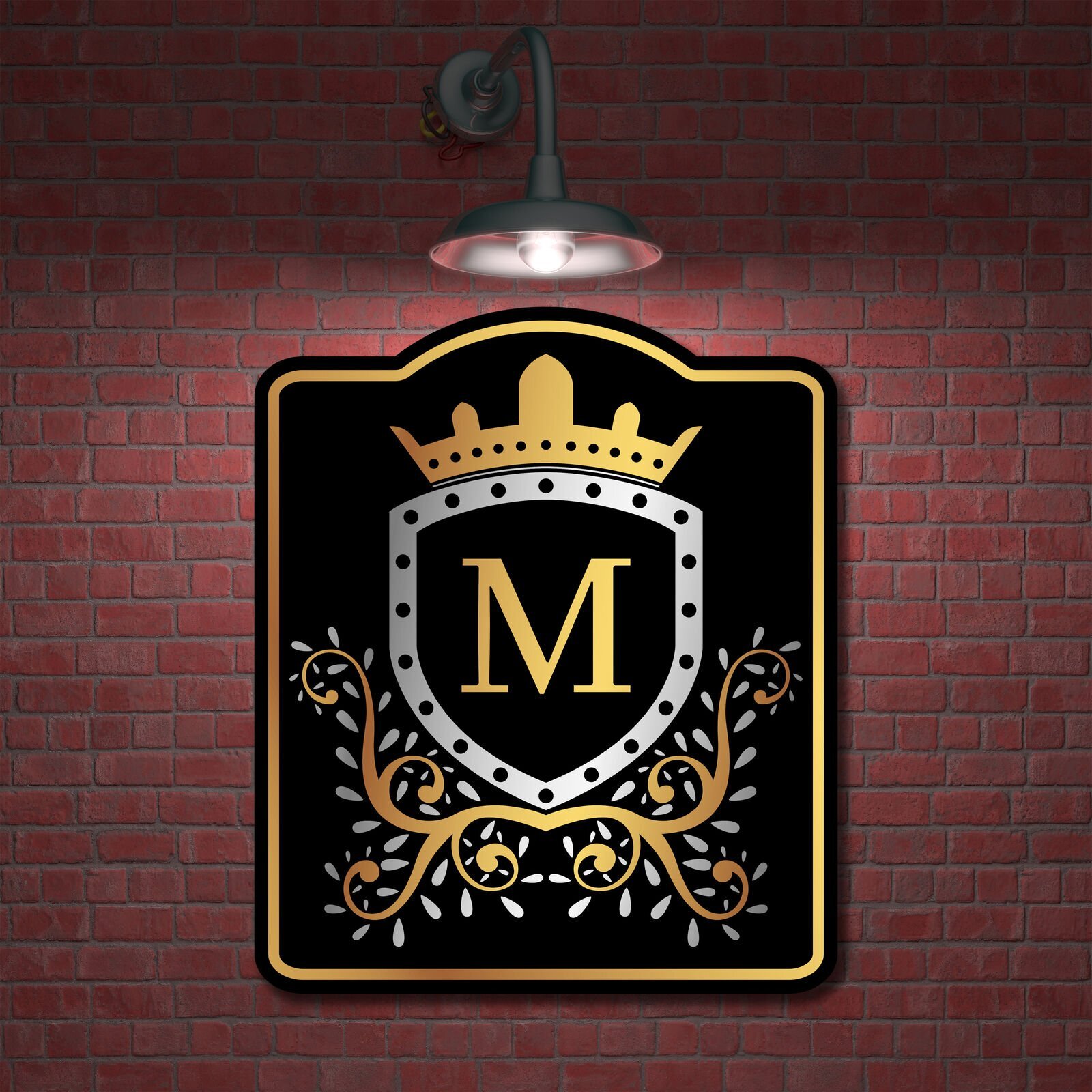 Letter M Initial Fancy Gold Crown Royal BLACK Aluminum Composite Sign