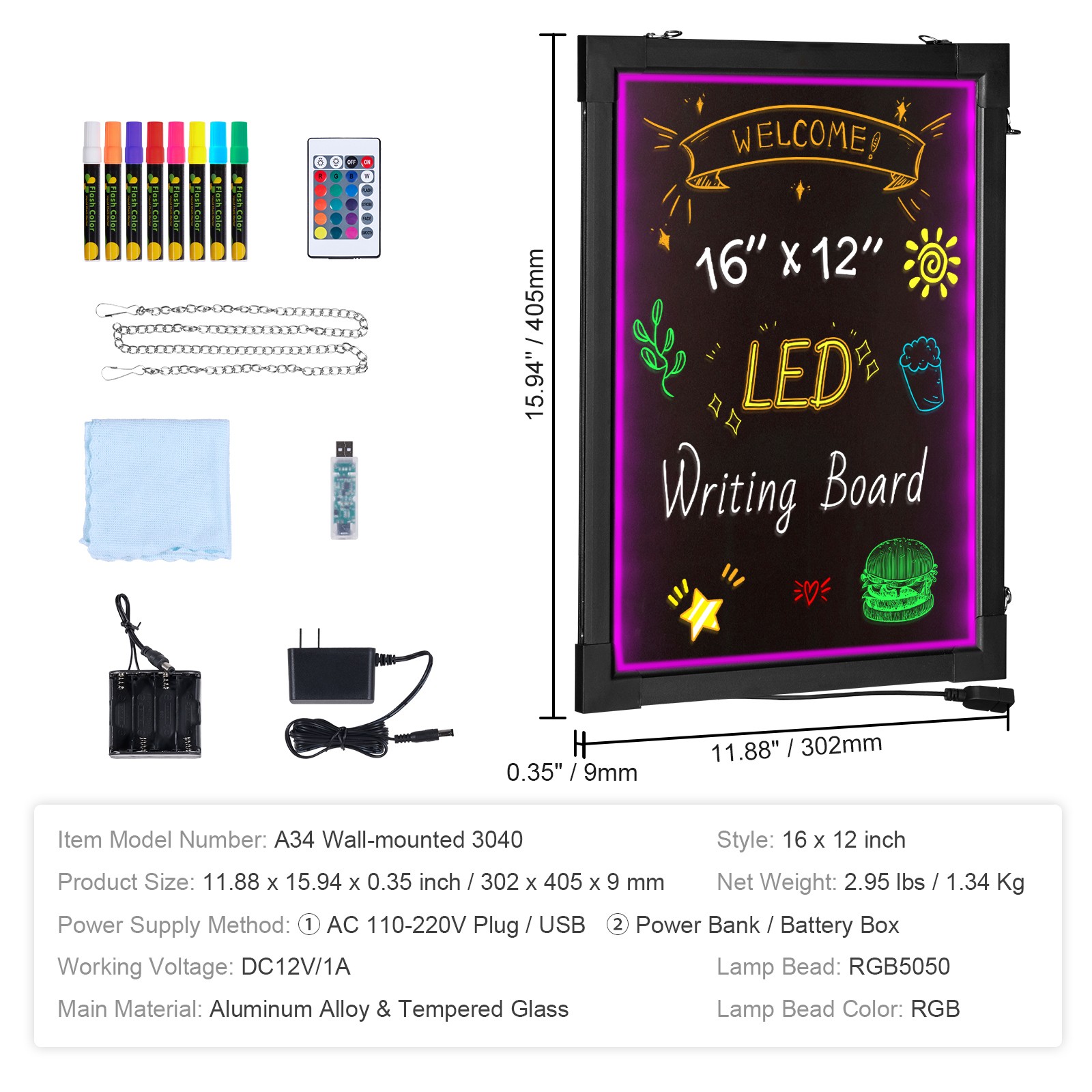 Uimoso LED Message Board 16&Prime;x12&Prime; Illuminated Erasable Light-Up Chalkboard