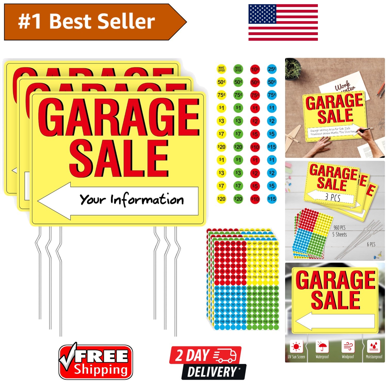 3PCS Bright Yellow Double-Sided Garage Sale Signs with Stakes & Price Labels