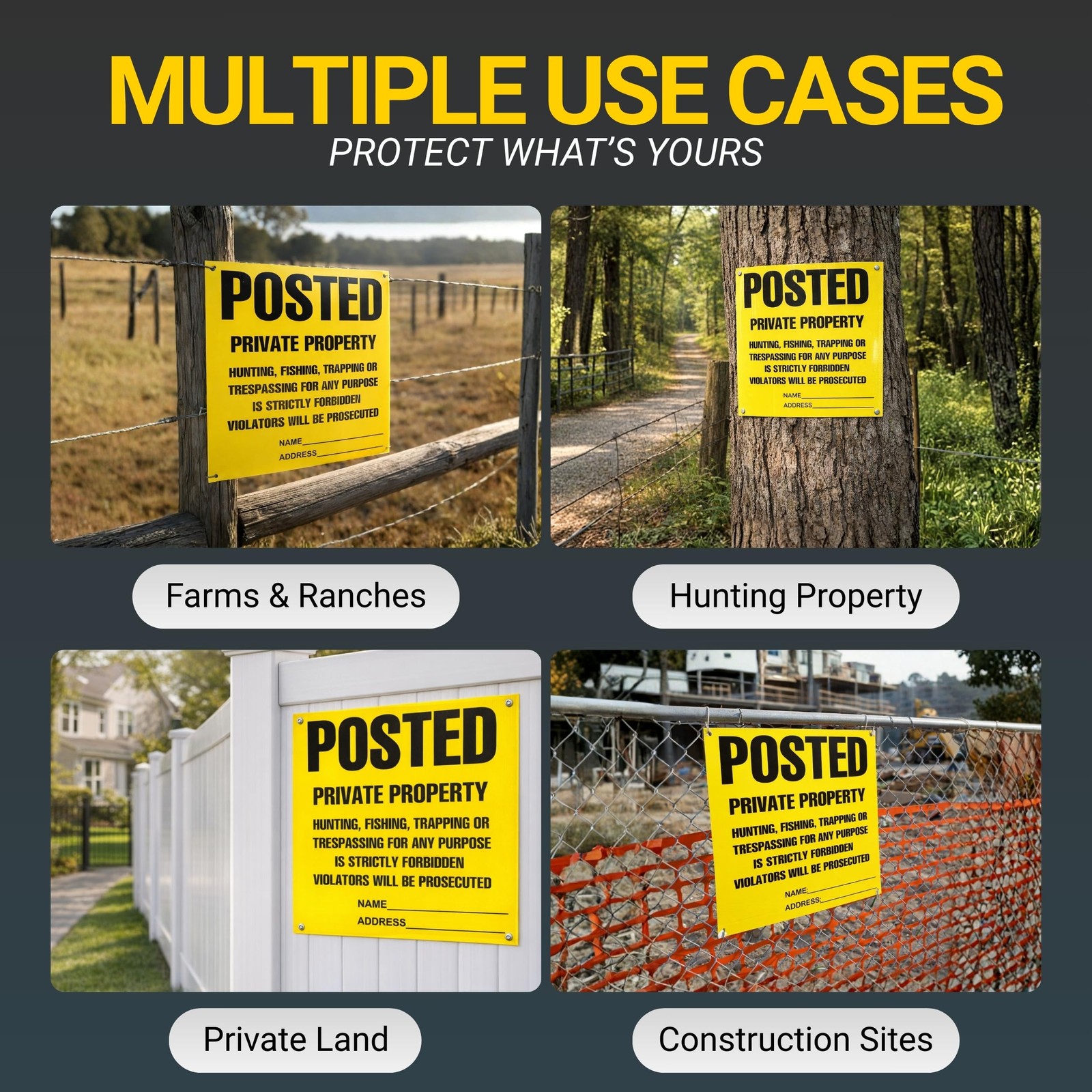 Posted Sign – No Hunting No Trespassing 11 x 11 Inch, Yellow Private Property W