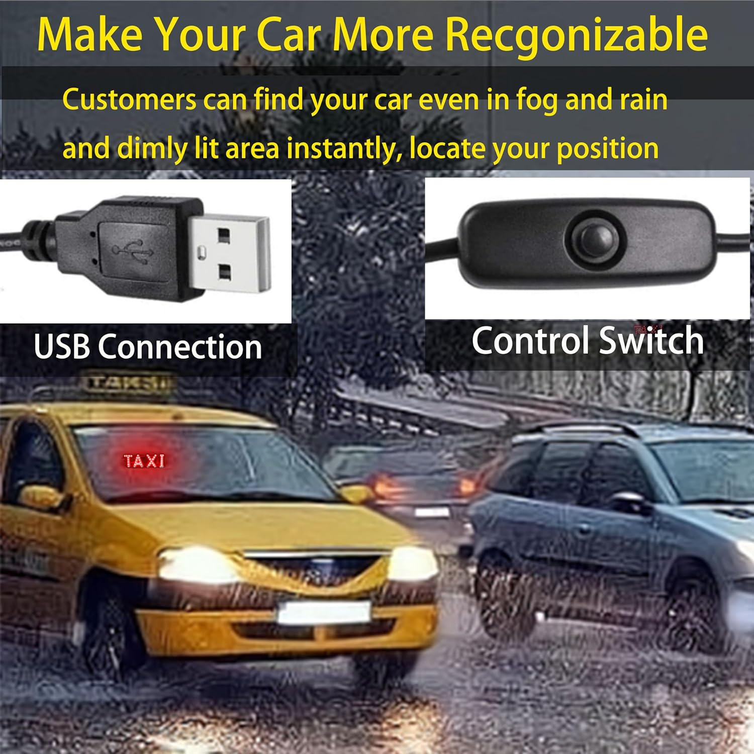 Red LED Taxi Sign for Car, Window/Windshield Mount with Suction Cups and USB Plu