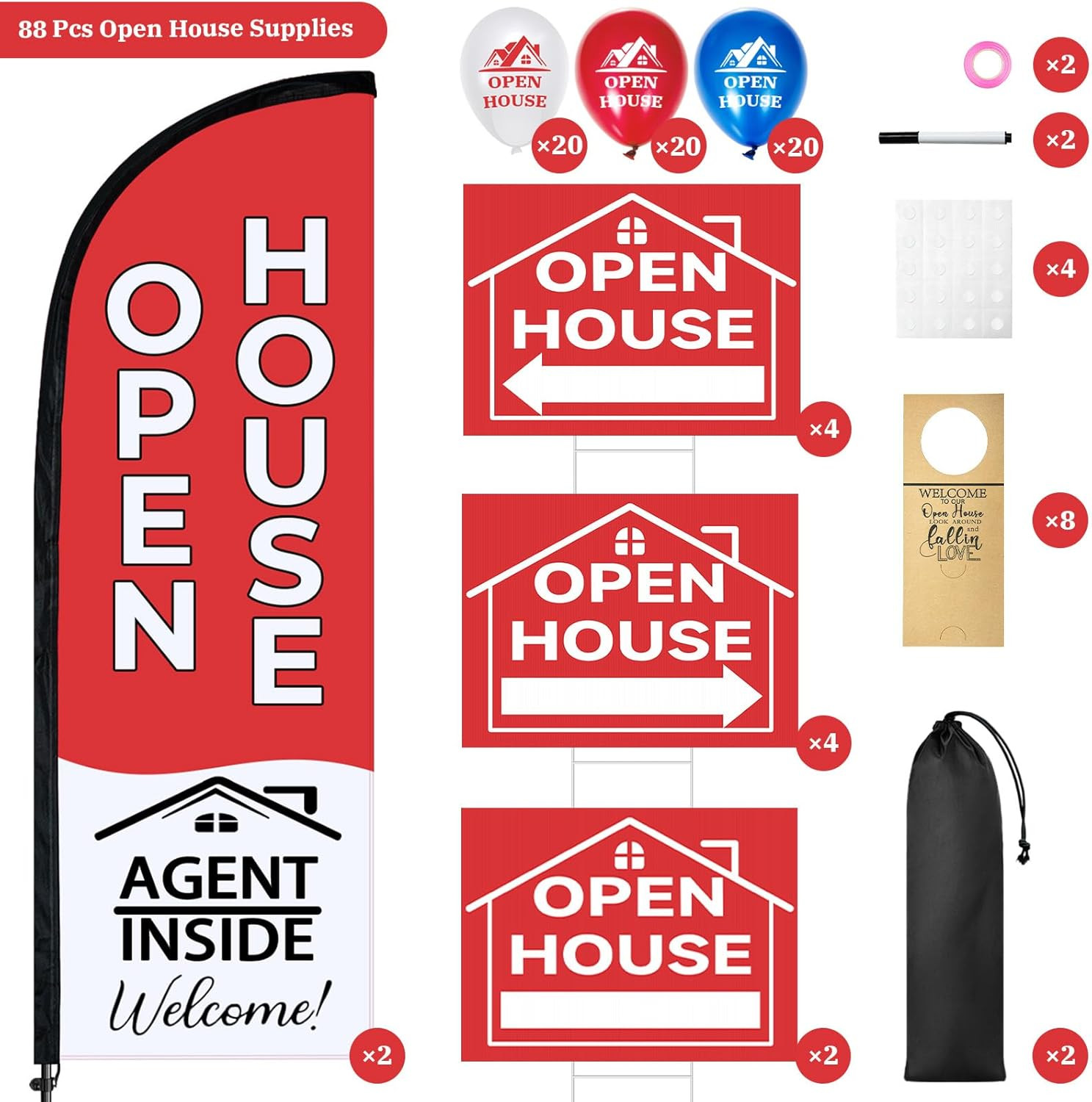 88 Pcs Open House Sign Kit with Flags, Yard Signs, and Balloons for Realtors