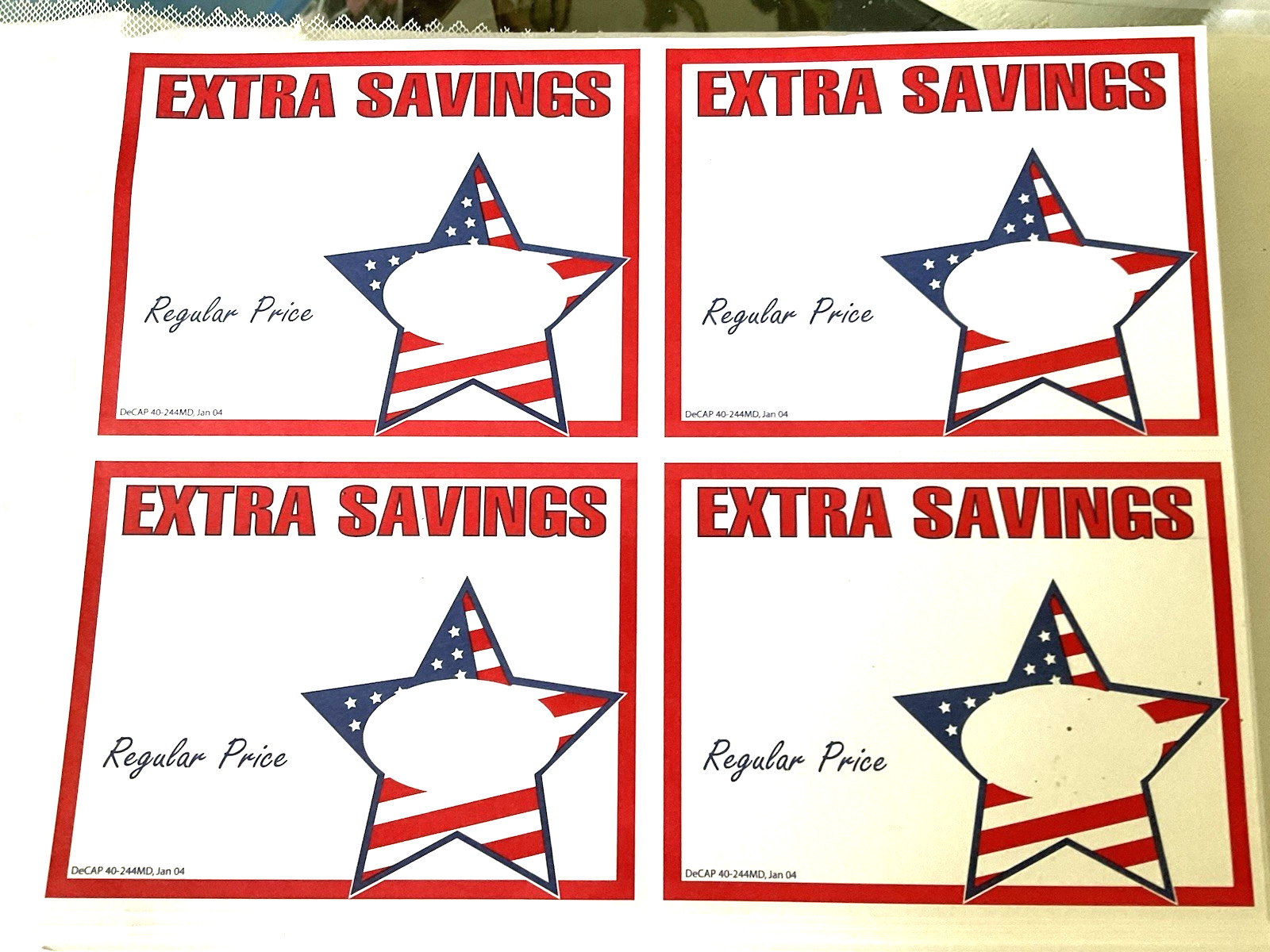 Sale Signs Extra Savings 100 Cards Red White Blue Star 5-1/2&Prime; x 4-1/4&Prime; New