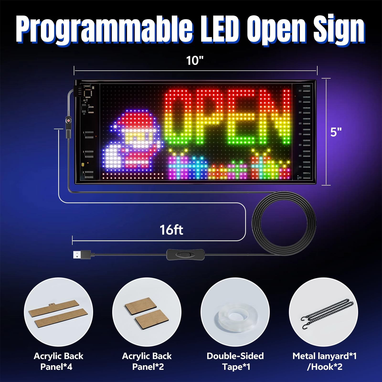LED Open Sign with Programmable Display, Bluetooth App 10&Prime; x 5&Prime;, Black