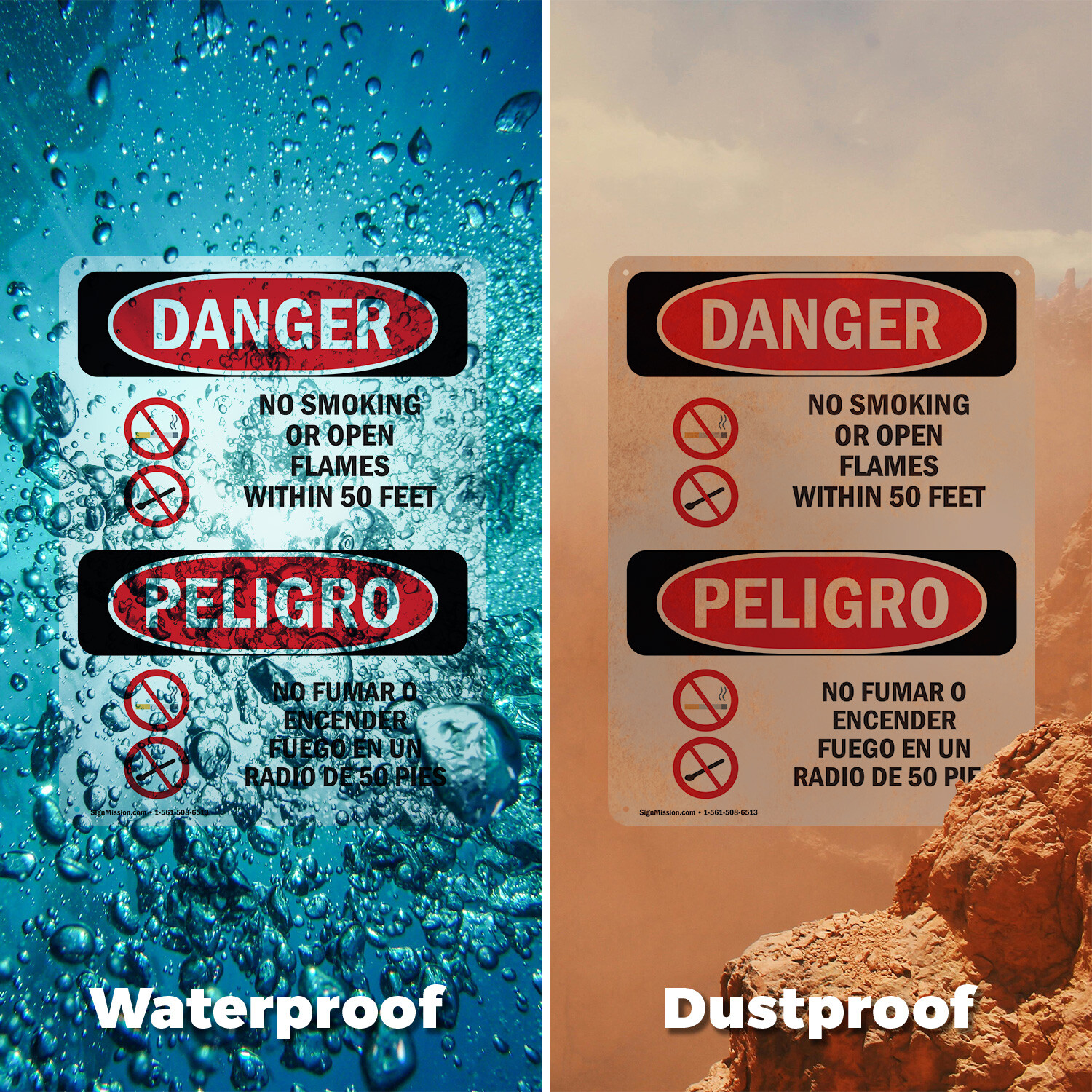 (2 Pack) No Smoking Or Open Flames 50 Feet Bilingual OSHA Danger Sign Decal
