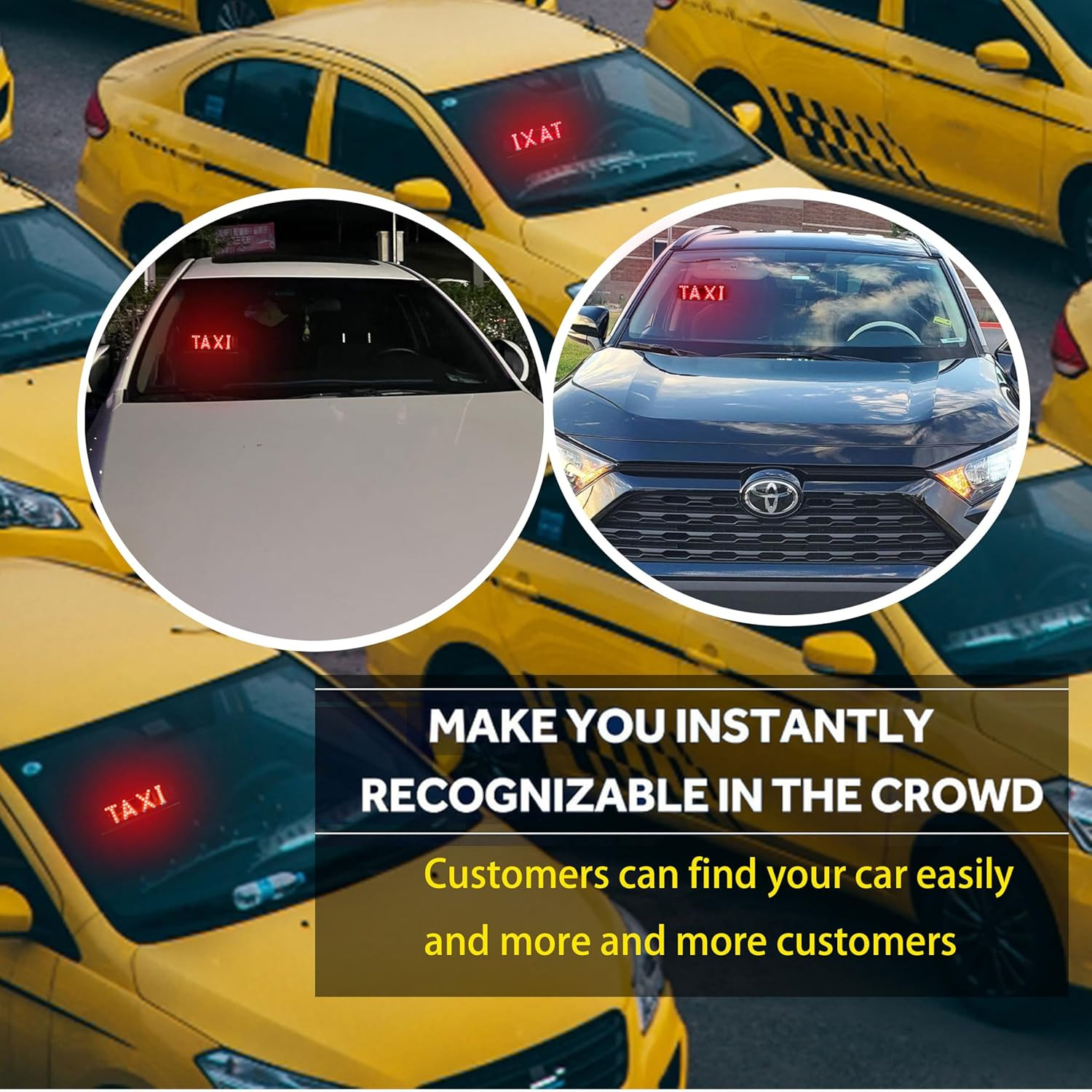 Red LED Taxi Sign for Car, Window/Windshield Mount with Suction Cups and USB Plu