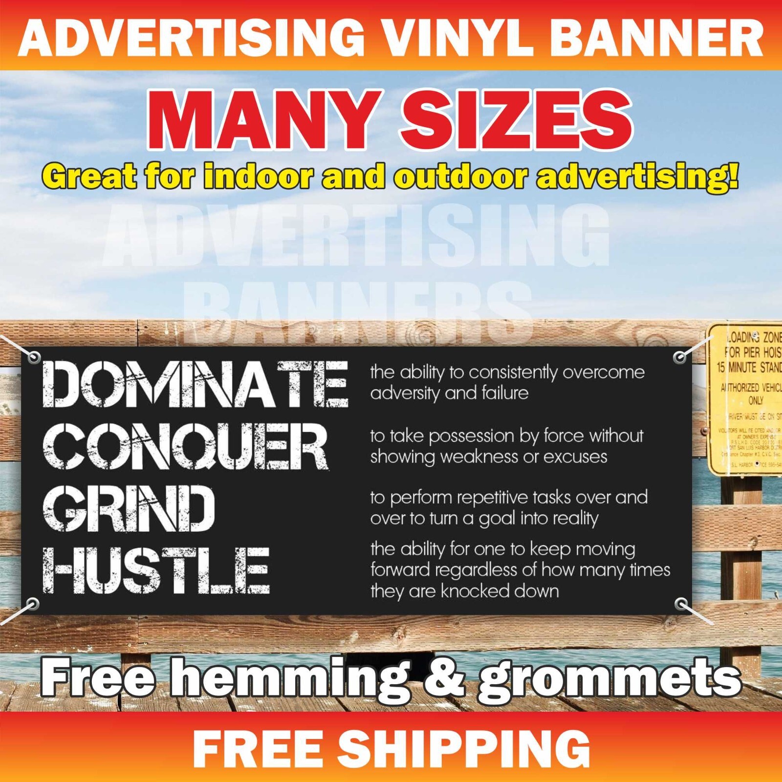 DOMINATE CONQUER GRIND HUSTLE Workout Banner Vinyl Sign Motivation Fitness Gym