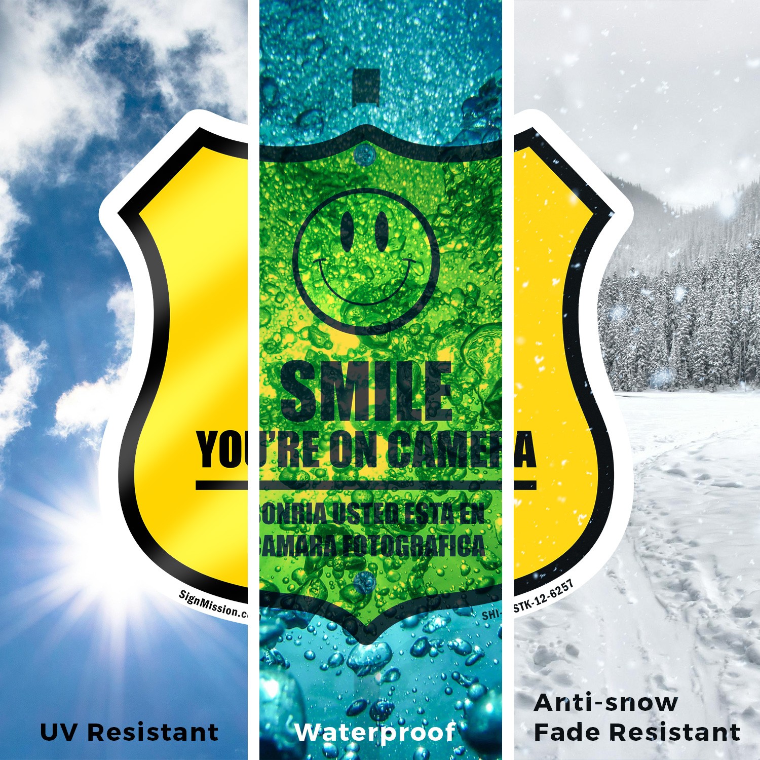 Smile You&rsquo;re On Camera Bilingual English / Spanish Shield Shaped Sign With Stake