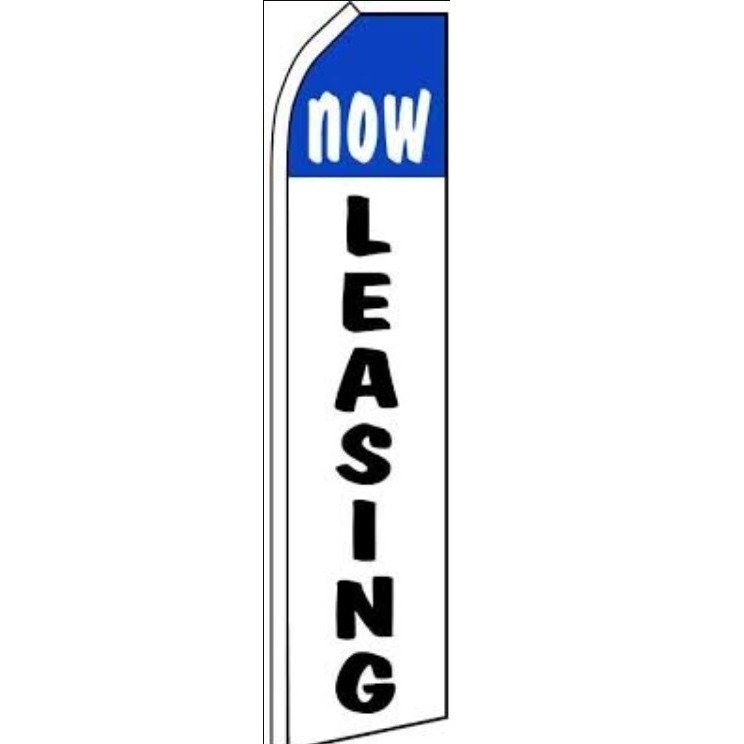NOW LEASING Windless 11.5&prime; Vertical Advertising Banner Feather Flag Blue & White