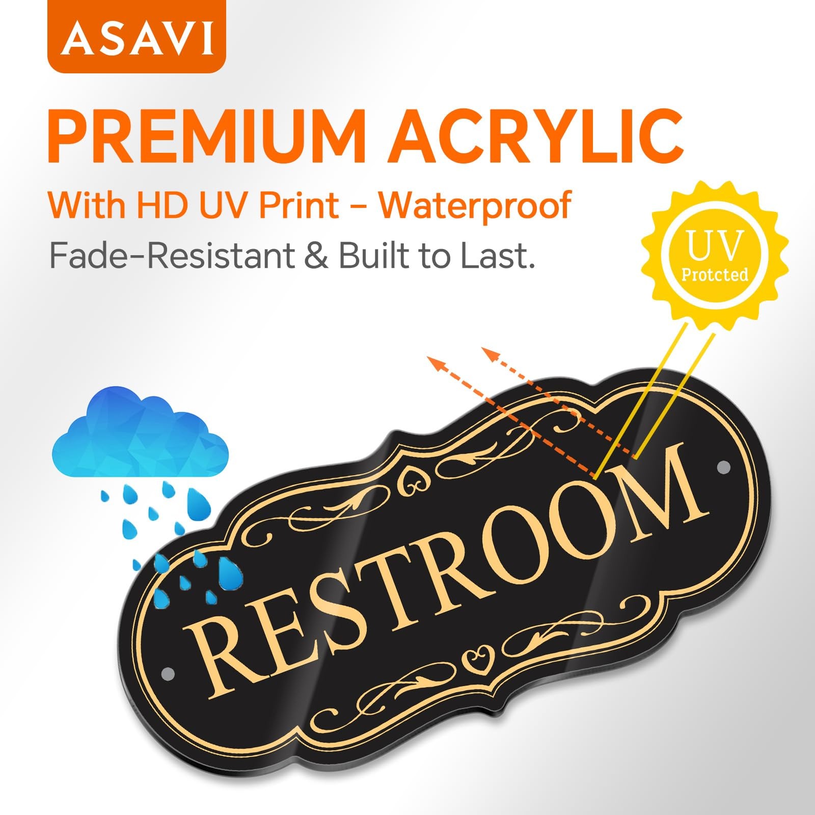 Restroom Sign 8×3.5 Inch Waterproof Acrylic Adhesive Black Gold