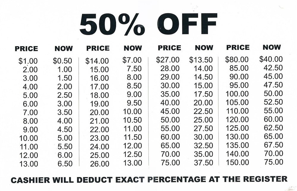 Store Display Fixtures 10 NEW HEAVY CARD STOCK SIGNS 50% OFF Price Markdown Amt