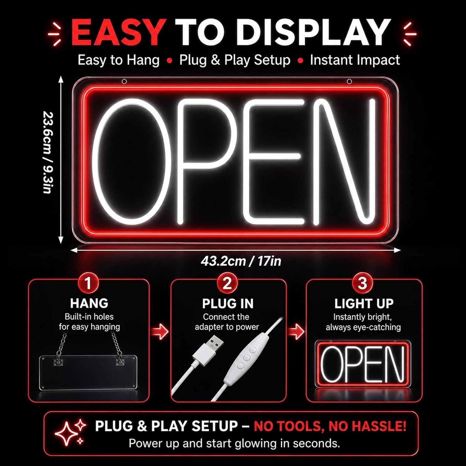 Open Sign Neon Light 17&Prime; X 9.3&Prime; LED Open Sign for Business Window Red + White