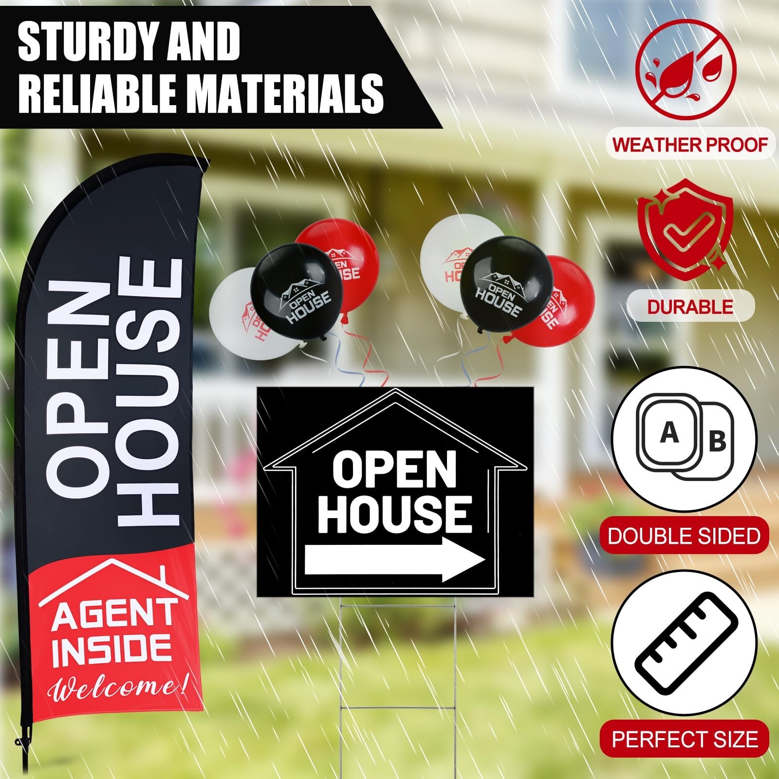 Open House Sign Set – 36 Pcs, Flag & Pole Kit, 5 Directional Arrows, 30 Balloons