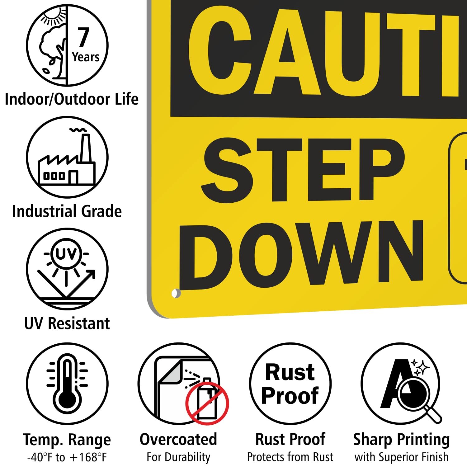 7×10 inch Caution Step Down Aluminum Sign for Stair Ledge Floor Safety