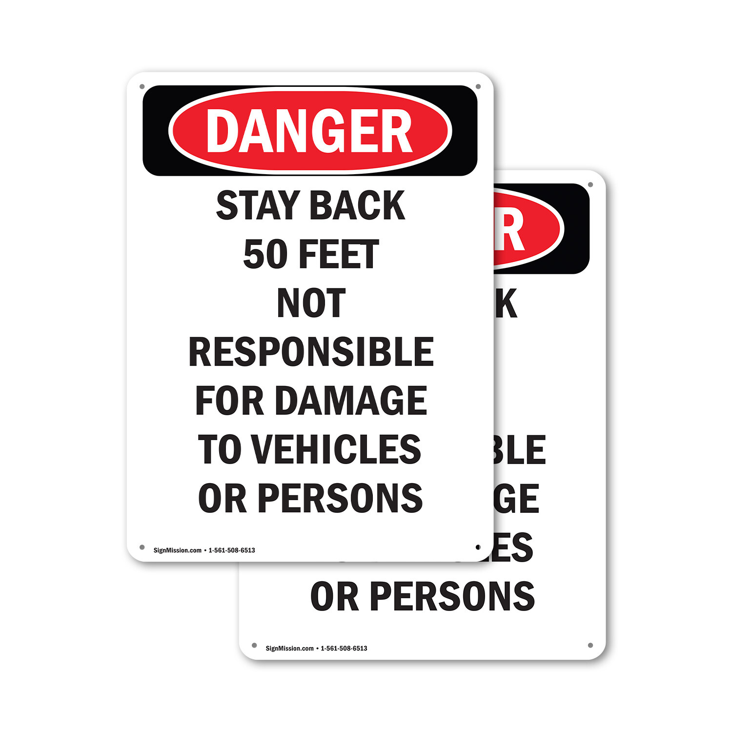 (2 Pack) Stay Back 50 Feet Not Responsible OSHA Danger Sign Decal Metal Plastic