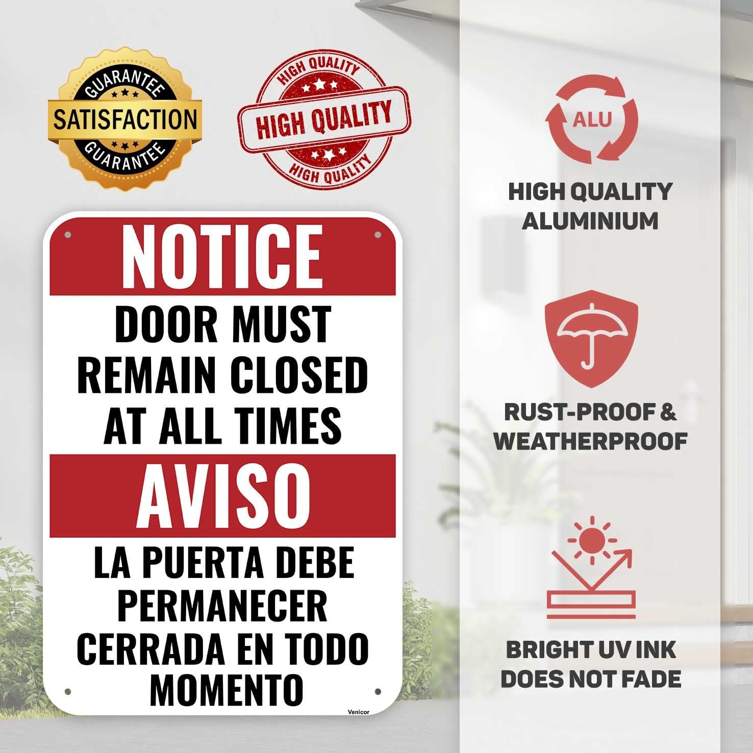 Keep Door Closed At All Times Sign Bilingual 14×10 Inch Aluminum 1 Pack Decor