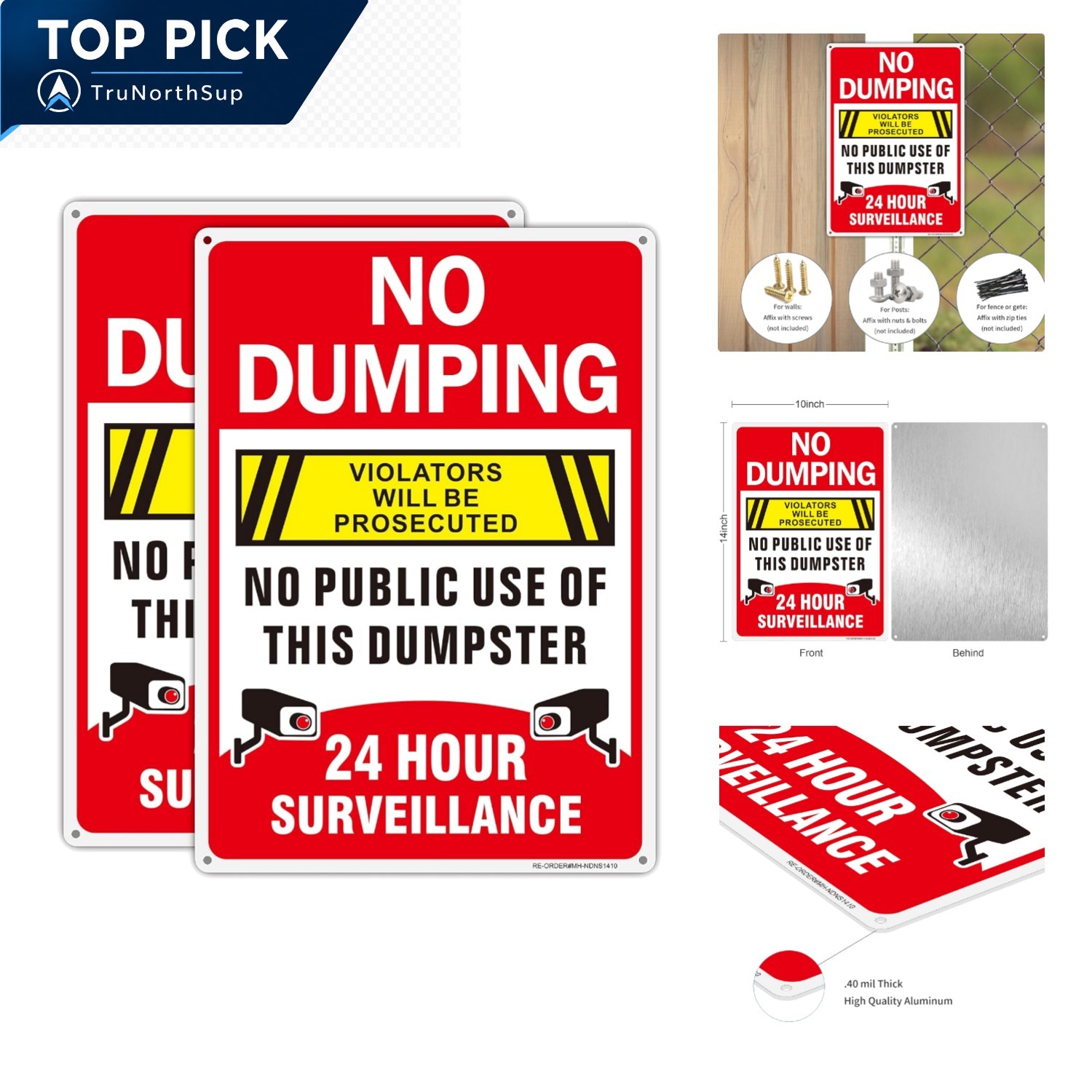 No Dumping Signs 14×10 Inch Aluminum Reflective Surveillance 2 Pack Weatherproof