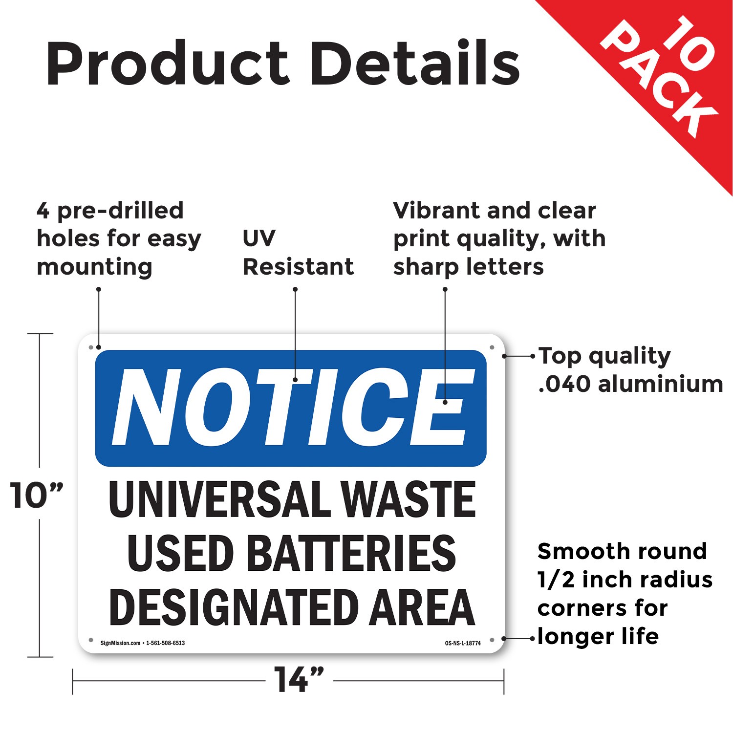 Universal Waste Used Batteries Designated Area OSHA Notice Sign – 5 or 10 Pack