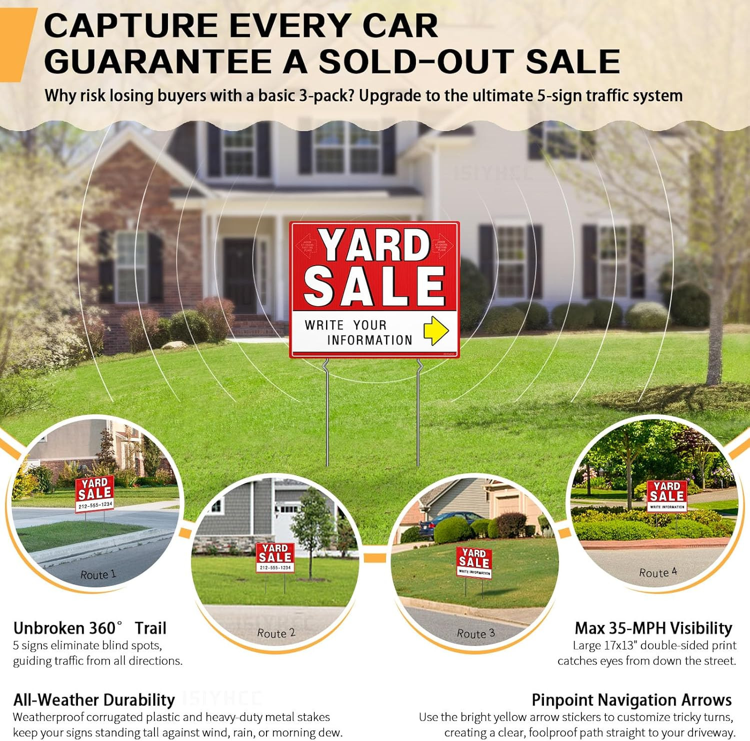 5-Pack Yard Sale Signs with Metal Stakes & 440 Price Stickers – Large 17X13&Prime; Dou