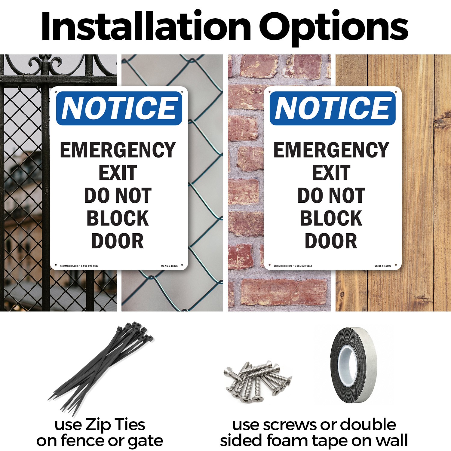 Emergency Exit Do Not Block Door OSHA Notice Sign Metal, Decal – 5 or 10 Pack