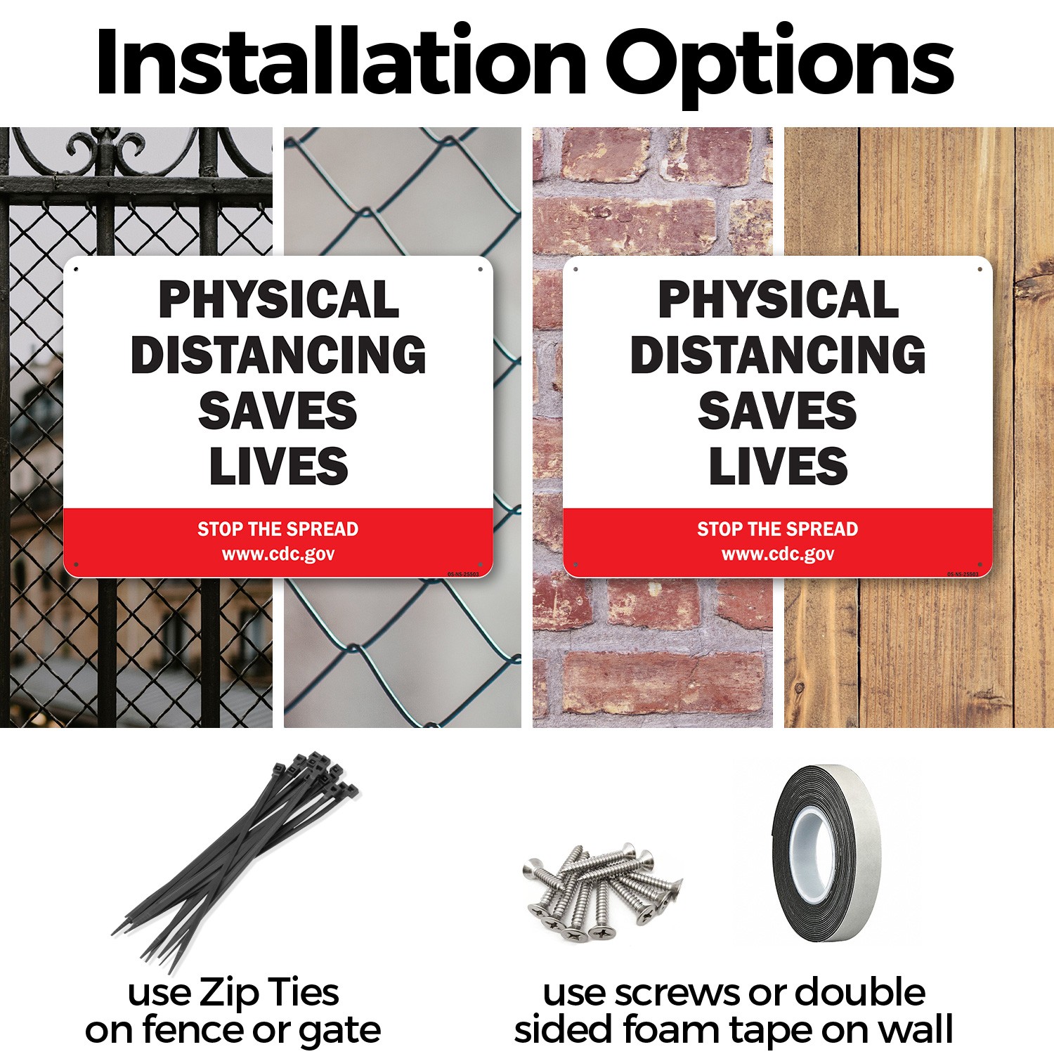 Physical Distancing Saves Lives Public Safety Sign Metal, Decal – 5 or 10 Pack