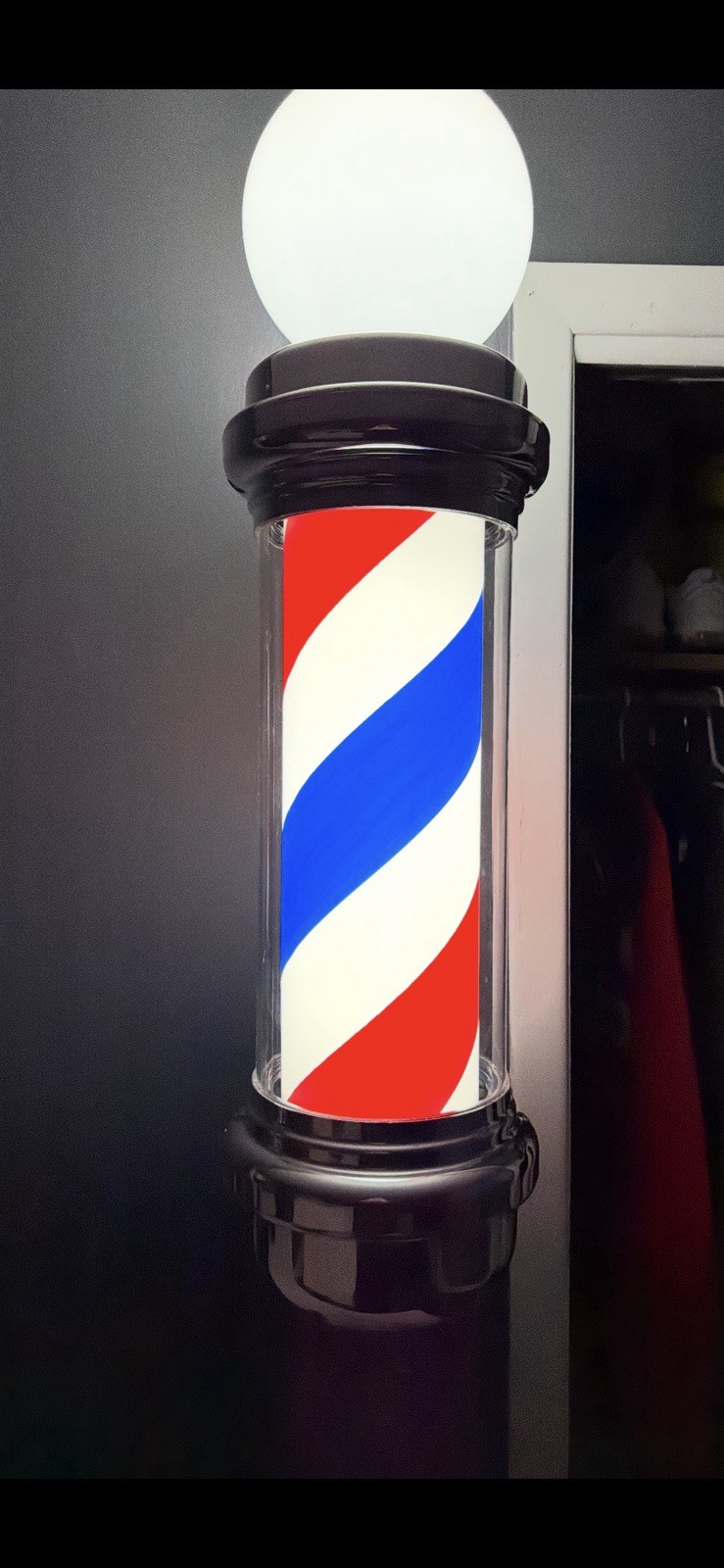 Illuminated Barbershop Pole Wall Mounted Sign Red White Blue Plastic Metal