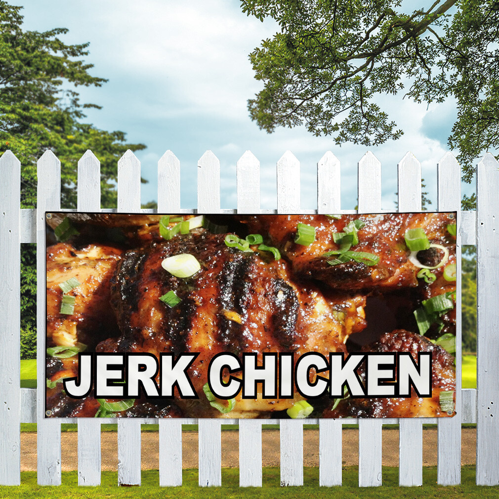Vinyl Banner Multiple Sizes Jerk Chicken Food Fair Restaurant Cafe Market