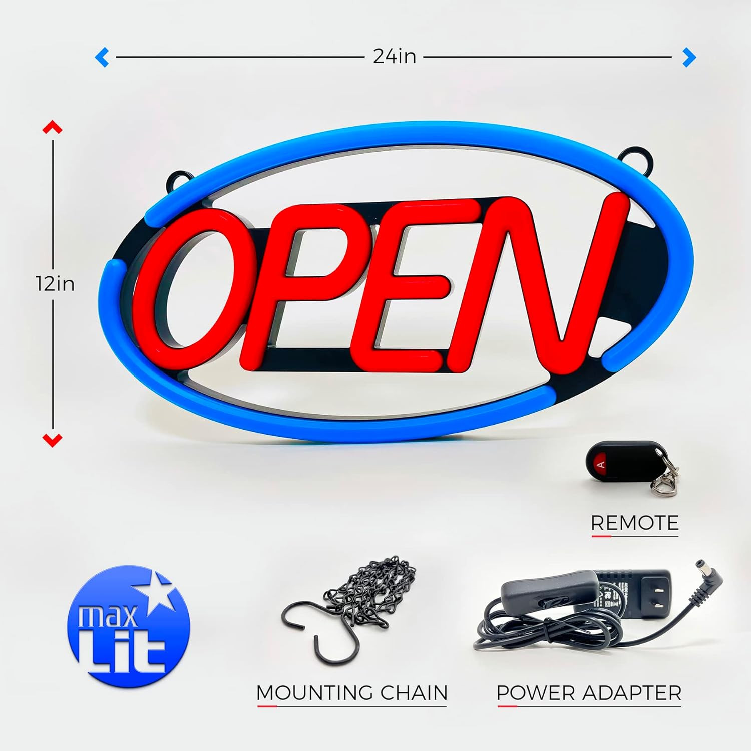 – Oval Shaped LED Tube Neon Open Sign -Large Size -24 » X 12 » (Blue/Red)