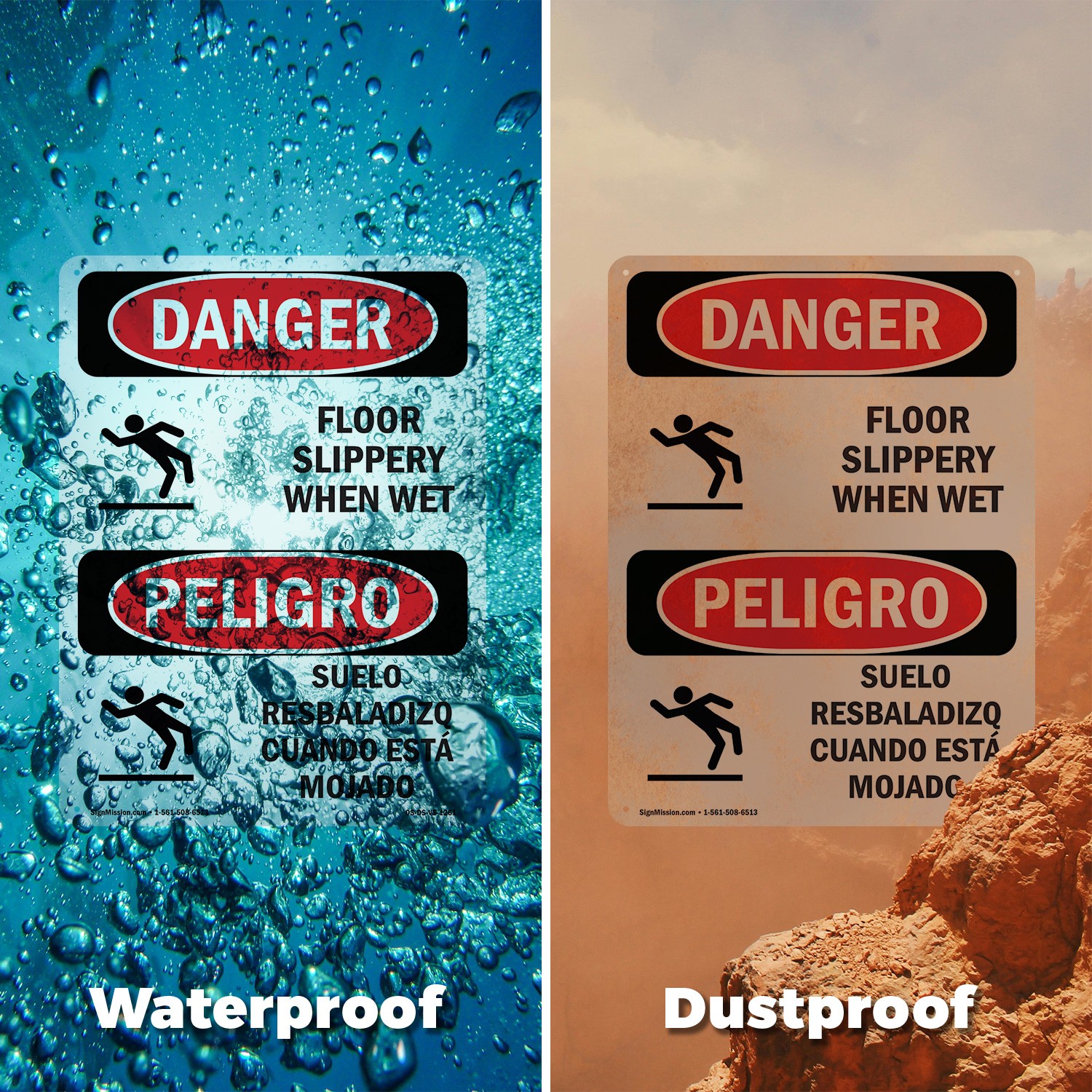 Floor Slippery When Wet Bilingual OSHA Danger Sign Metal, Decal – 5 or 10 Pack