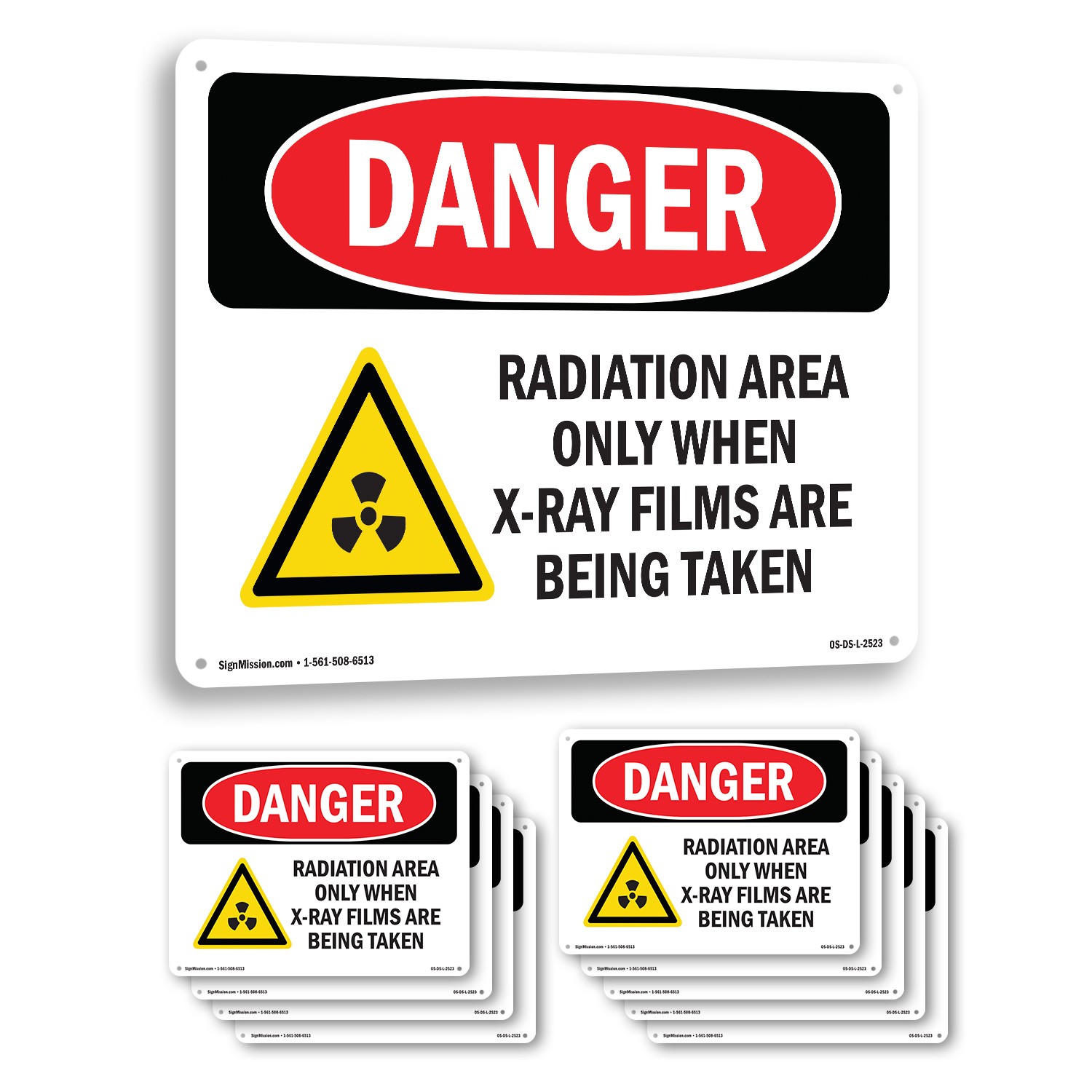 Radiation Area Only When X OSHA Danger Sign Metal, Plastic, Decal 5 or 10 Pack