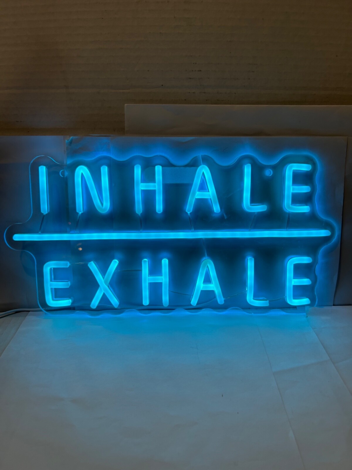 NEON SIGN 16” WIDE BY 7.5” TALL LT. BLUE NEON INHALE EXHALE SIGN MEDITATE RELAX