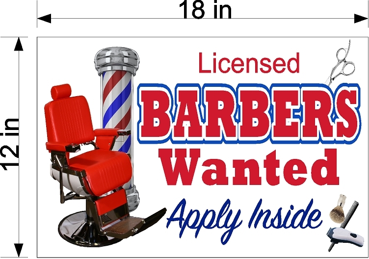12&Prime; x 18&Prime; PVC SIGN LICENSED BARBERS WANTED EMPLOYMENT BEAUTY SALON HAIR STYLIST
