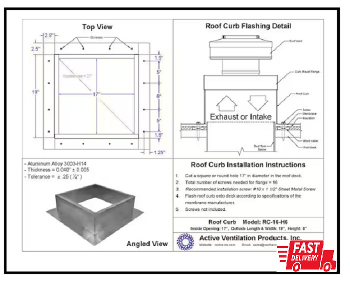 Box Is 19 In. Wide X 19 In. Long X 6 In. High Aluminum Roof Curb